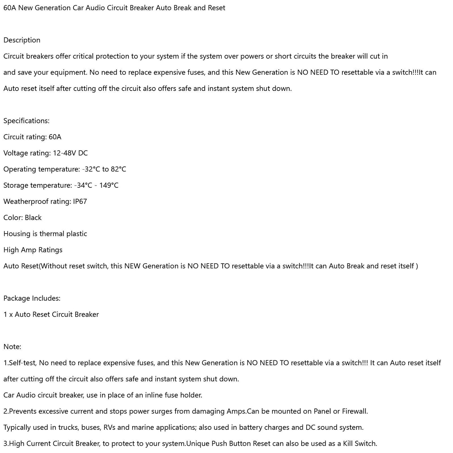 Fusibile interruttore automatico 60A AMP 12-48V DC Interruttore di ripristino automatico per barca per auto IP67