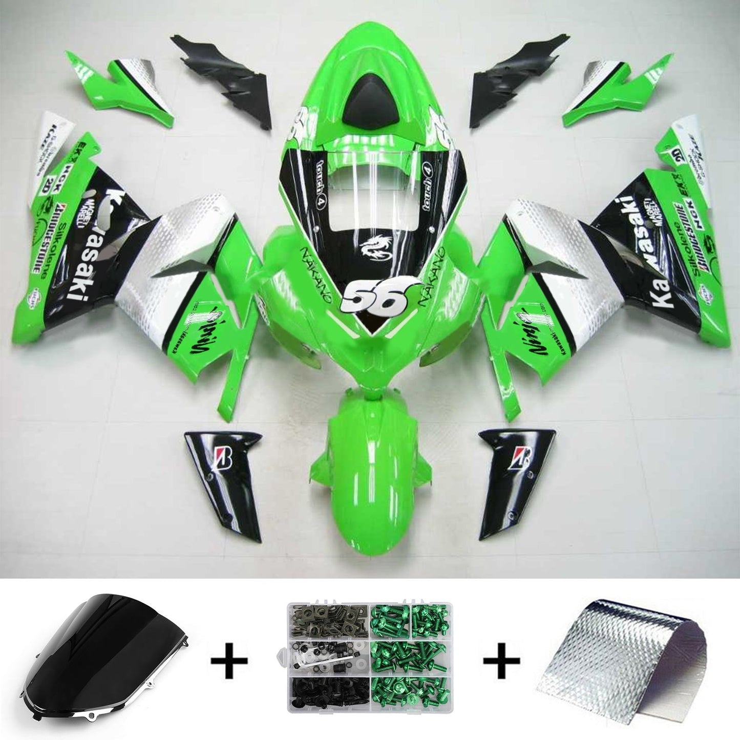 Amotopart Kawasaki 2004-2005 ZX10R Green No. 56 Kit di spostamento