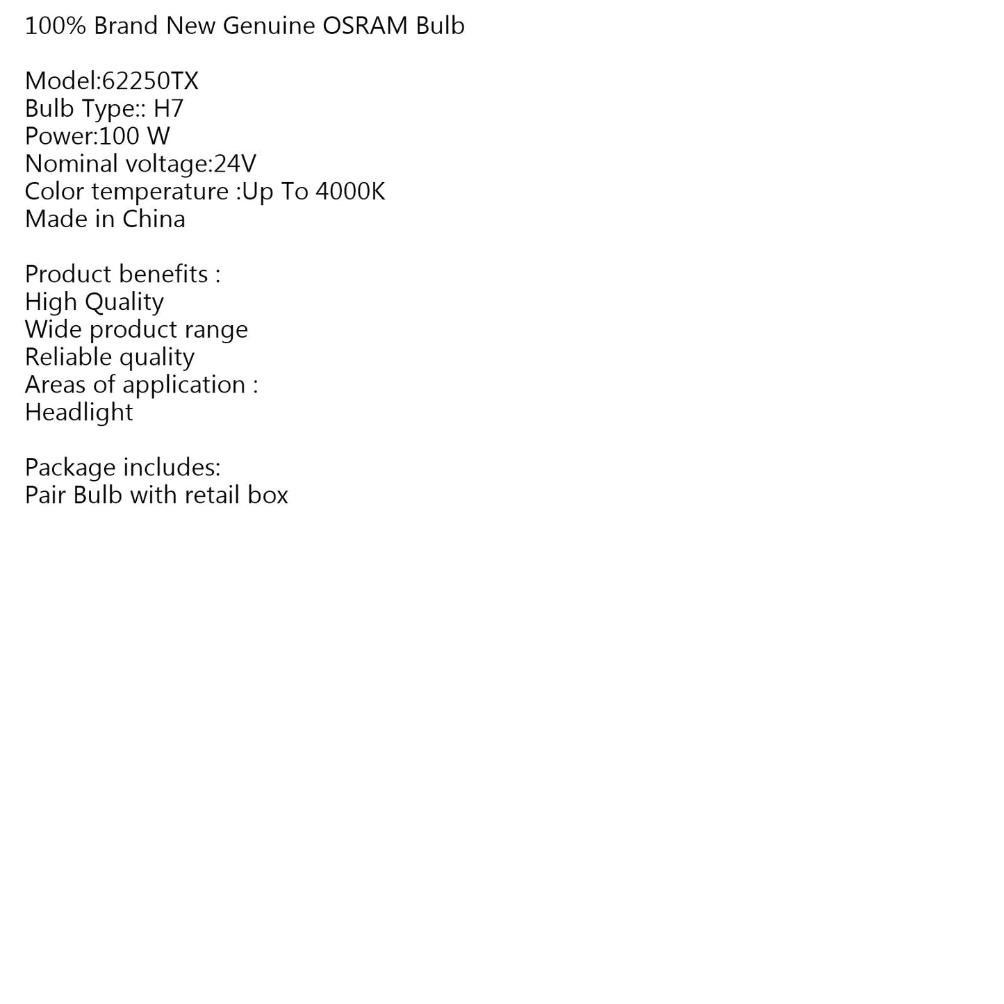 Coppia H7 PX26D 24V 100W 62250TX CAMION X Faro anteriore Auto Lampadina alogena Lampadine allo xeno Generico