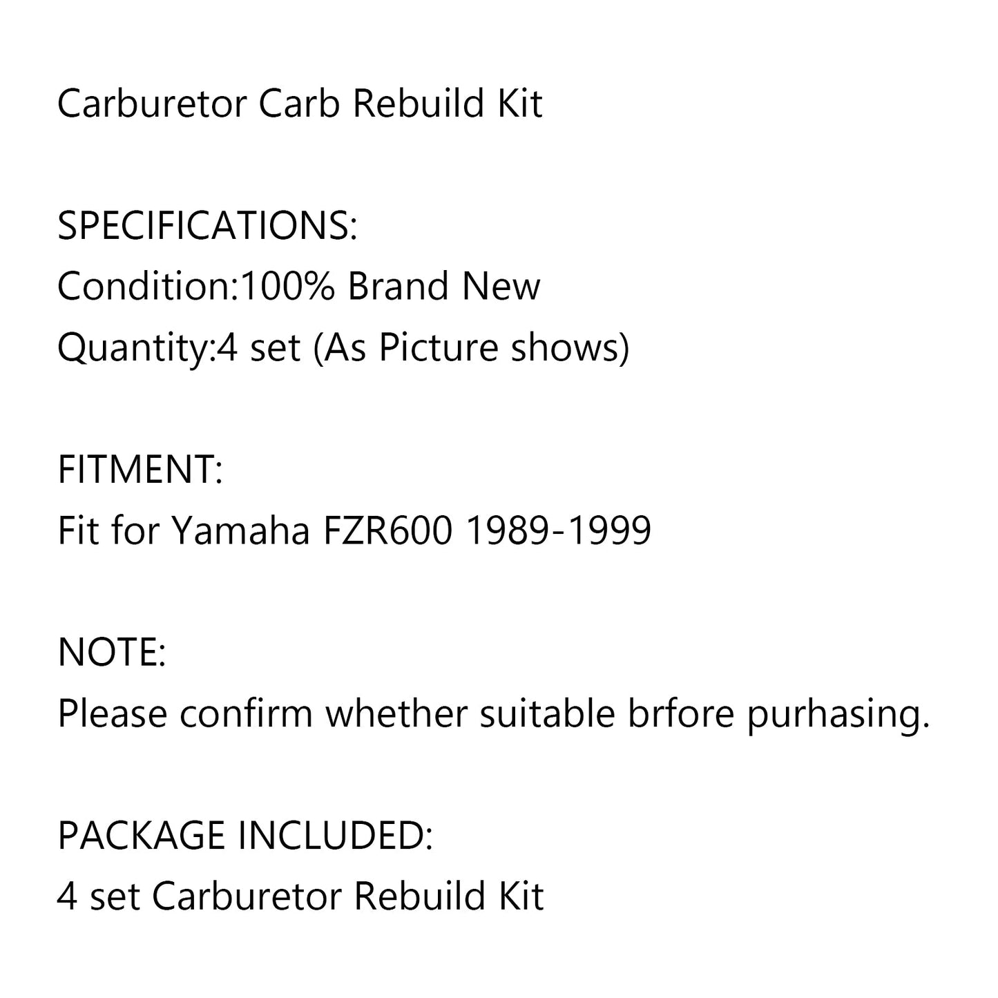 Carburatore Ricostruzione Kit di Riparazione 4 Set Per Yamaha FZR 600 FZR-600 Carb 1989-1999 Generico