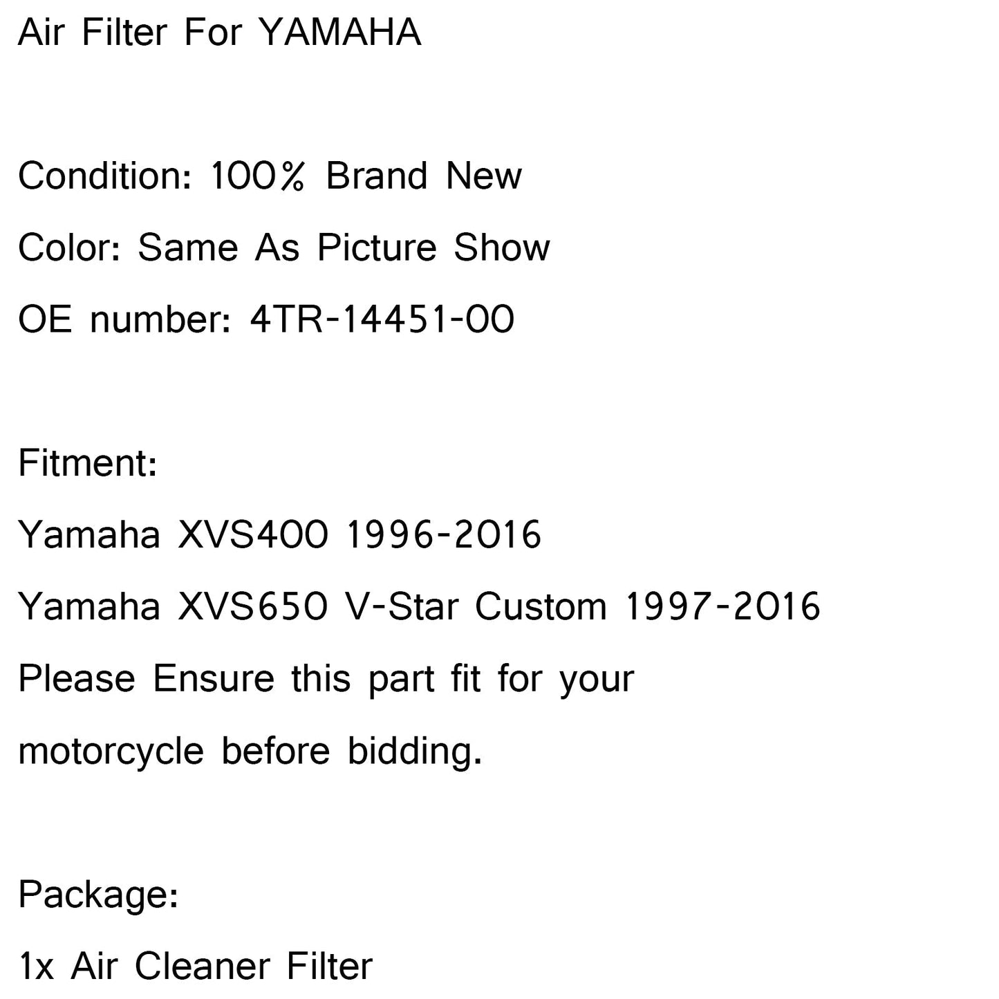 Detergente filtro aria per Yamaha XVS650 VSTAR V-Star 650 98-16 P/N 4TR-14451-00-00 Generico