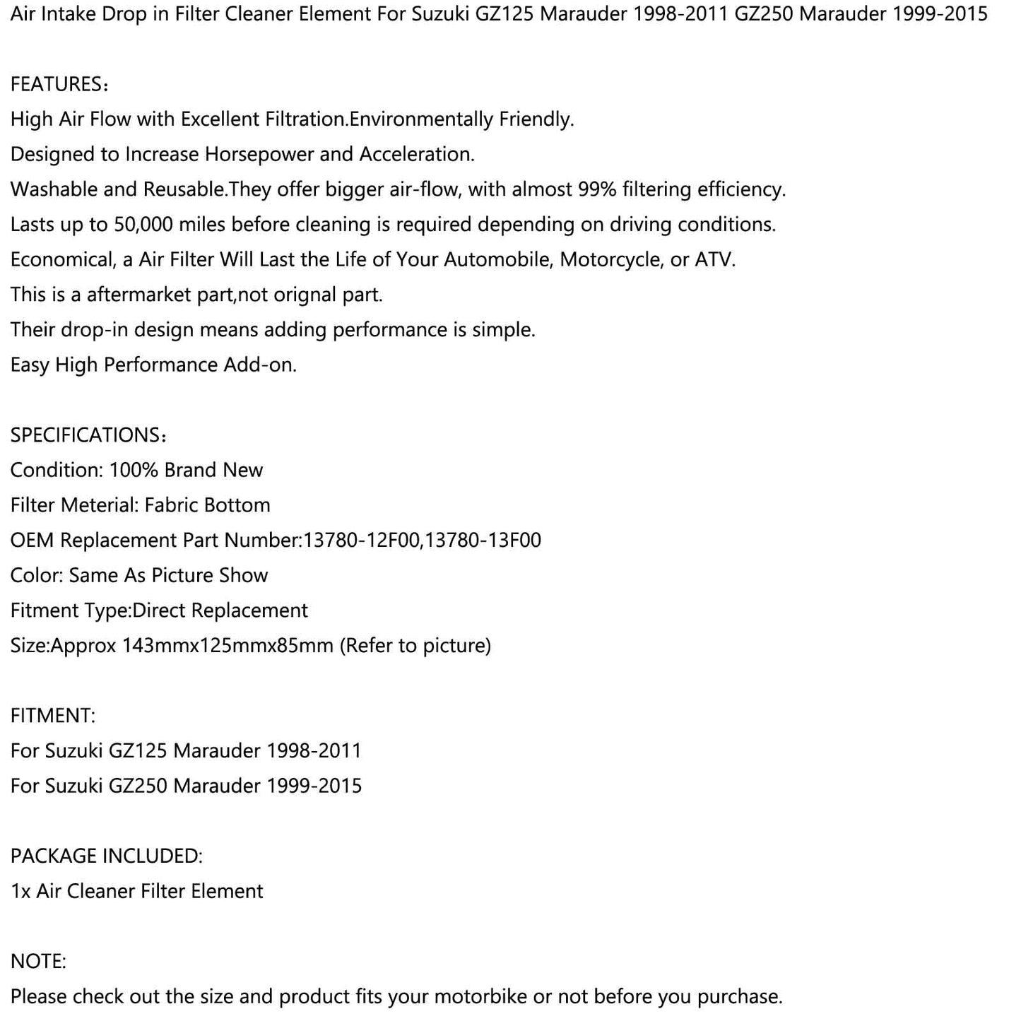 Filtro aria Cleaner Per Suzuki GZ250 Marauder 250 1999-2015 GZ125 13780-13F00 Generico