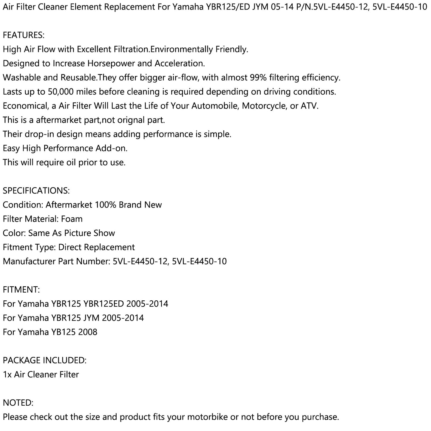 Filtro Aria Per Yamaha YBR125 YBR 125 Standard & Custom 2005-2014 5VL-E4450-12 Generico