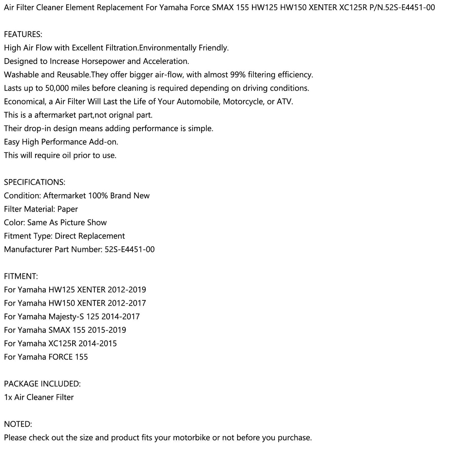 Elemento filtro aria per Yamaha S-MAX/SMAX 155 XC125R 15-19 XENTER 125/150 12-19 generico
