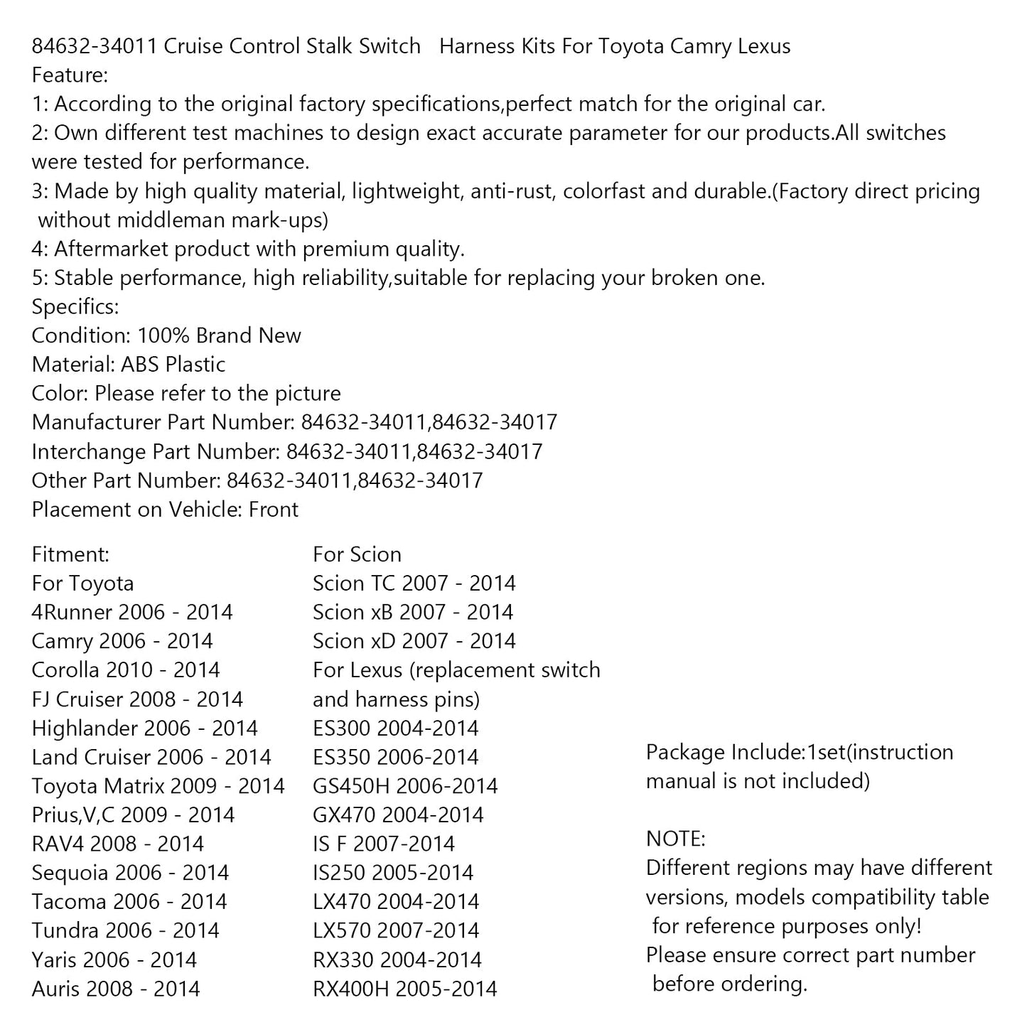 84632-34011 corredi del cablaggio dell'interruttore del gambo di controllo della velocità di crociera per Toyota Camry Lexus generico