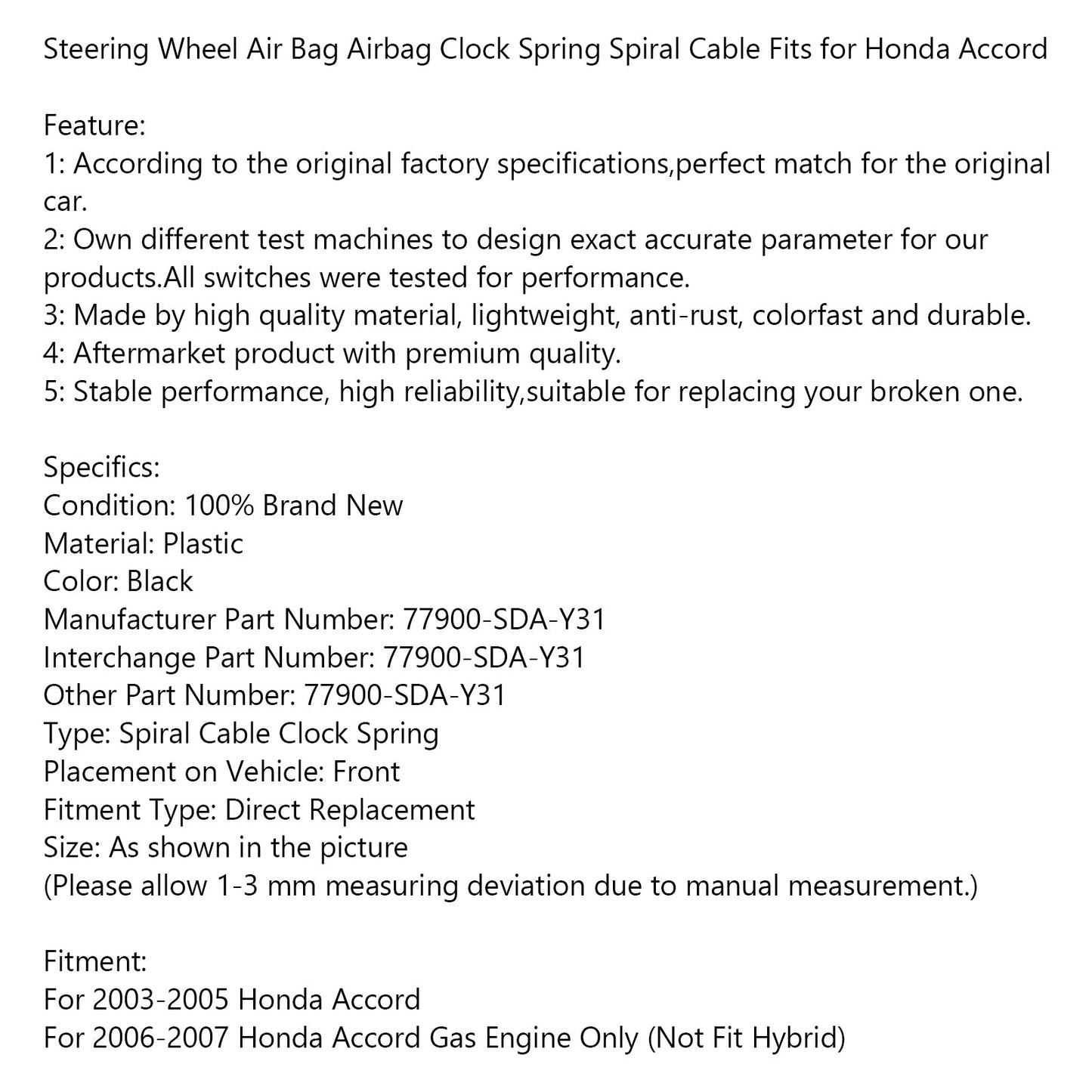 2003-2005 Cavo a spirale dell"orologio della molla dell"airbag dell"airbag del volante Honda Accord