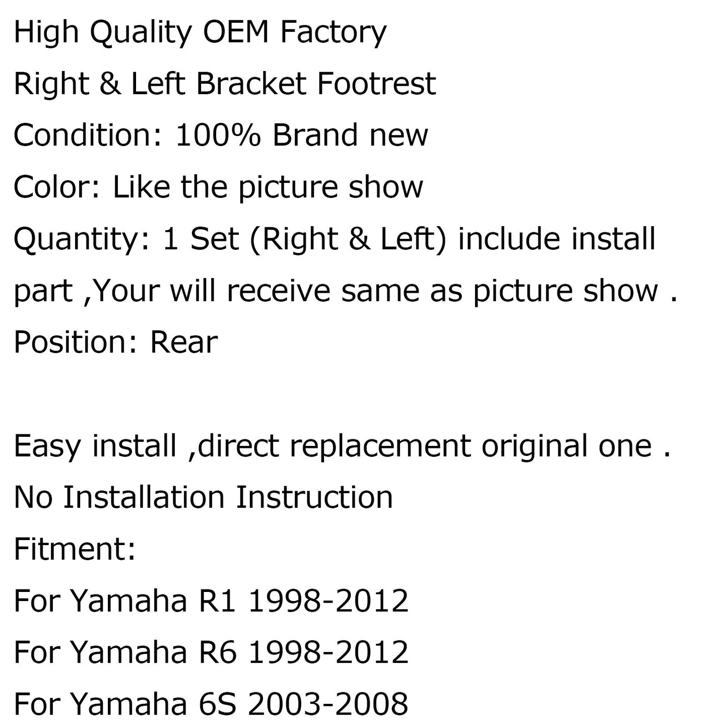 Poggiapiedi posteriori neri Pedane passeggero in alluminio per Yamaha R1 R6 99-12 R6S Generico