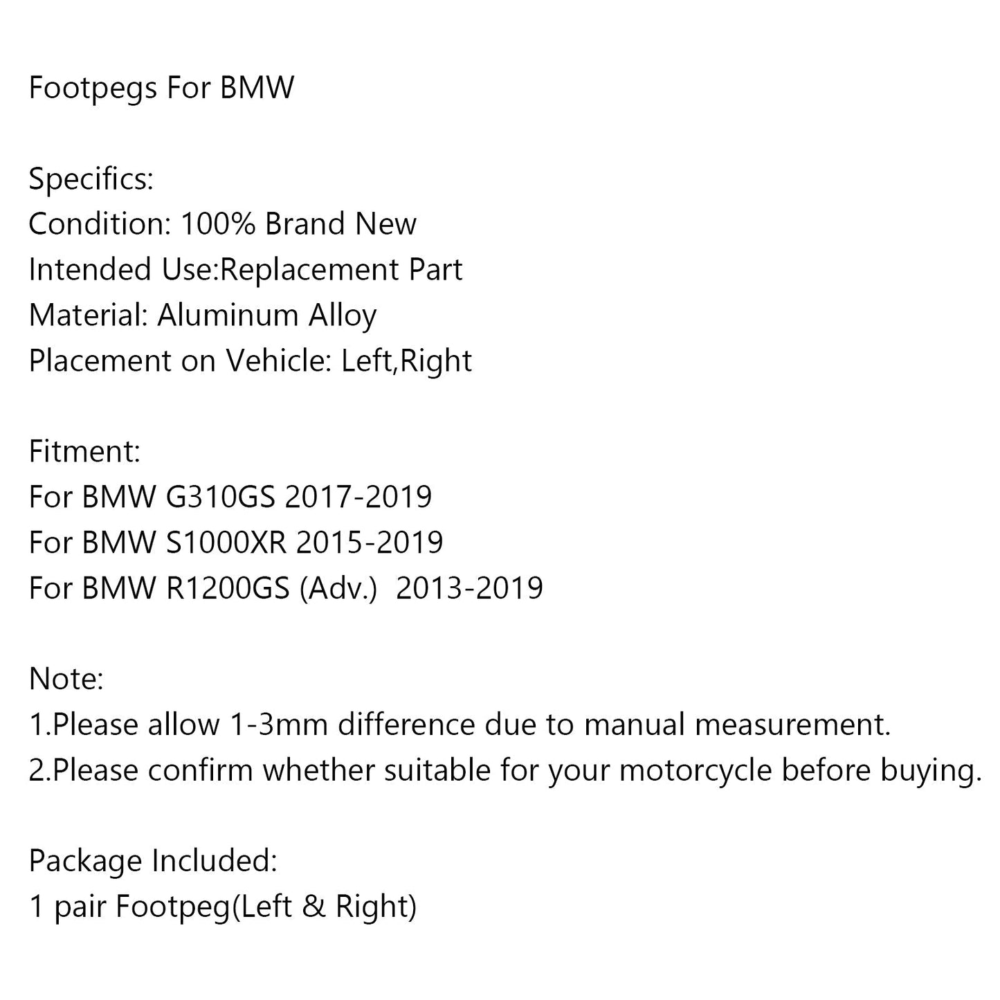 Pedane poggiapiedi CNC per BMW G310GS 17-19 S1000XR 15-19 R1200GS (Adv.) 13-19 Generico
