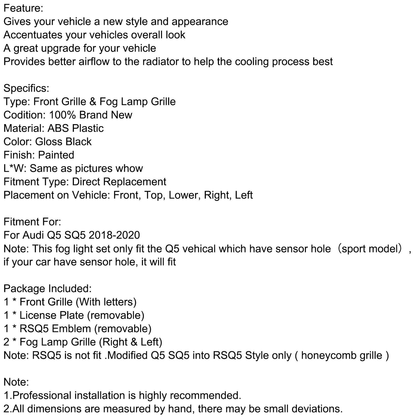 2018-2020 | Audi Q5 SQ5 RSQ5 | Griglia anteriore + griglia antinebbia