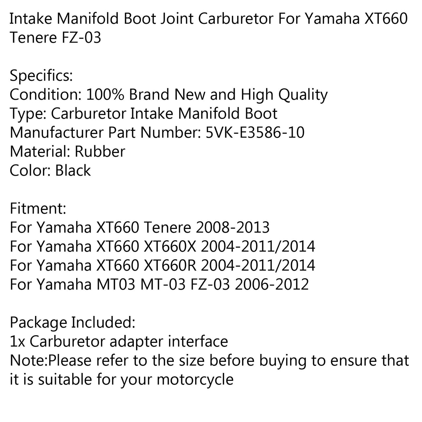 Cuffia collettore aspirazione supporto carburatore per Yamaha XT 660 Tenere FZ-03 06-12 generico