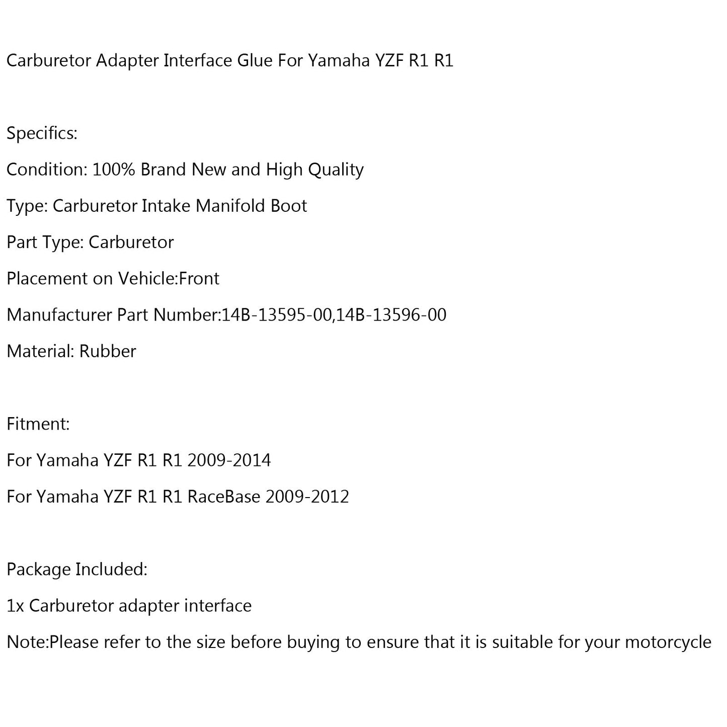 Stivale collettore aspirazione corpo farfallato in gomma per Yamaha YZF R1 R1 2009-2014 Generico