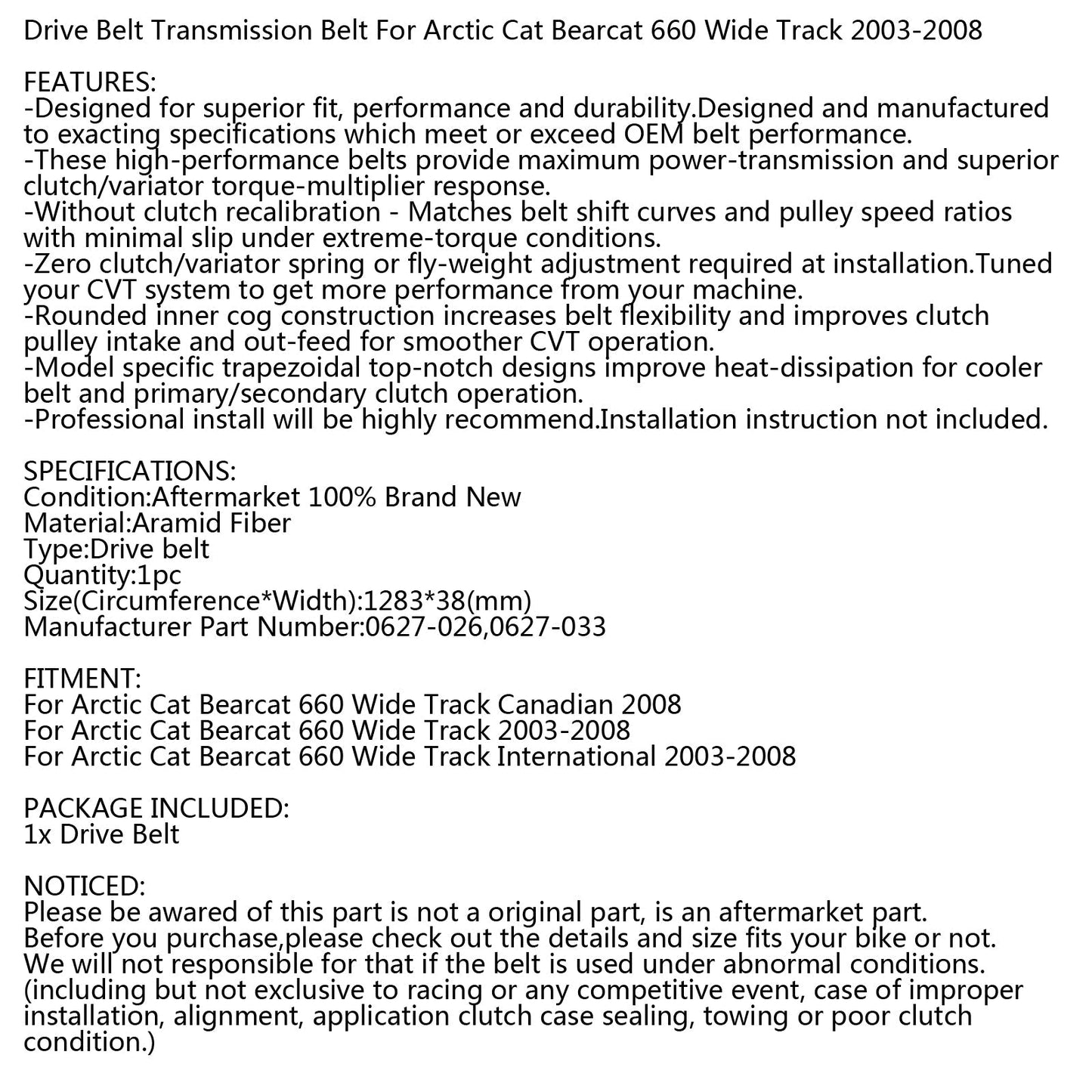 Cinghia di trasmissione per Arctic Cat 0627-026 0627-033 Motoslitta Bearcat 660 Wide Track Generico