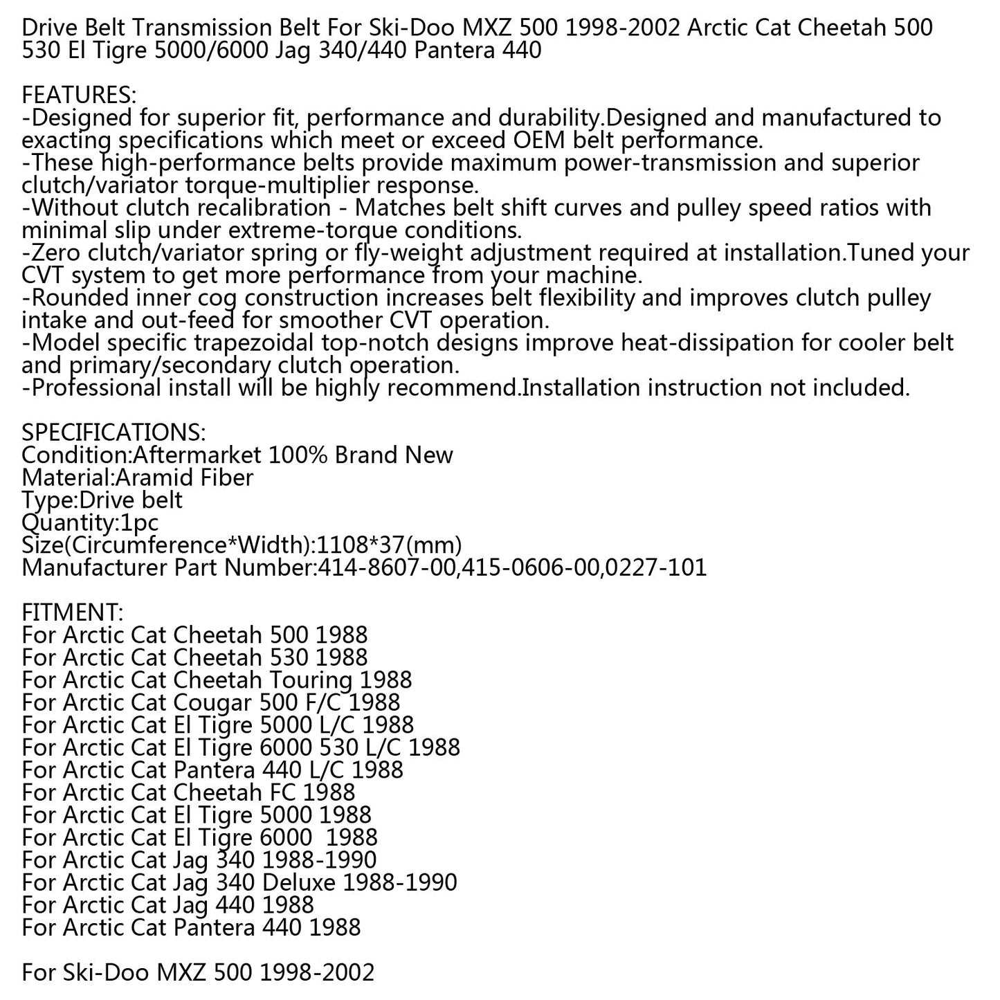 Cinghia di trasmissione per Arctic Cat 0227-101 Cheetah Cougar Jag Ski Doo Formula LT/SLS/STX Generico