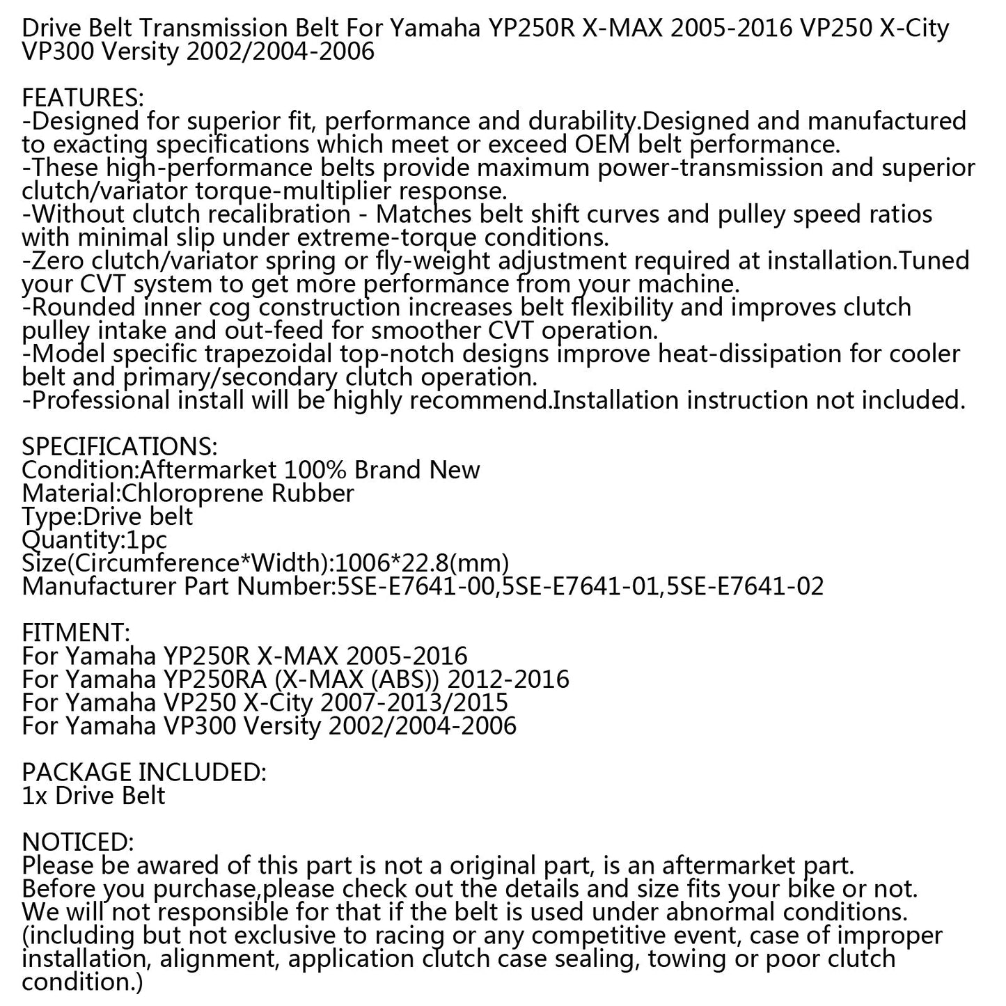 Cinghia di trasmissione per Yamaha X-City VP125 X-MAX YP125 R RA Versity VP300 02-16 Scooter Generico