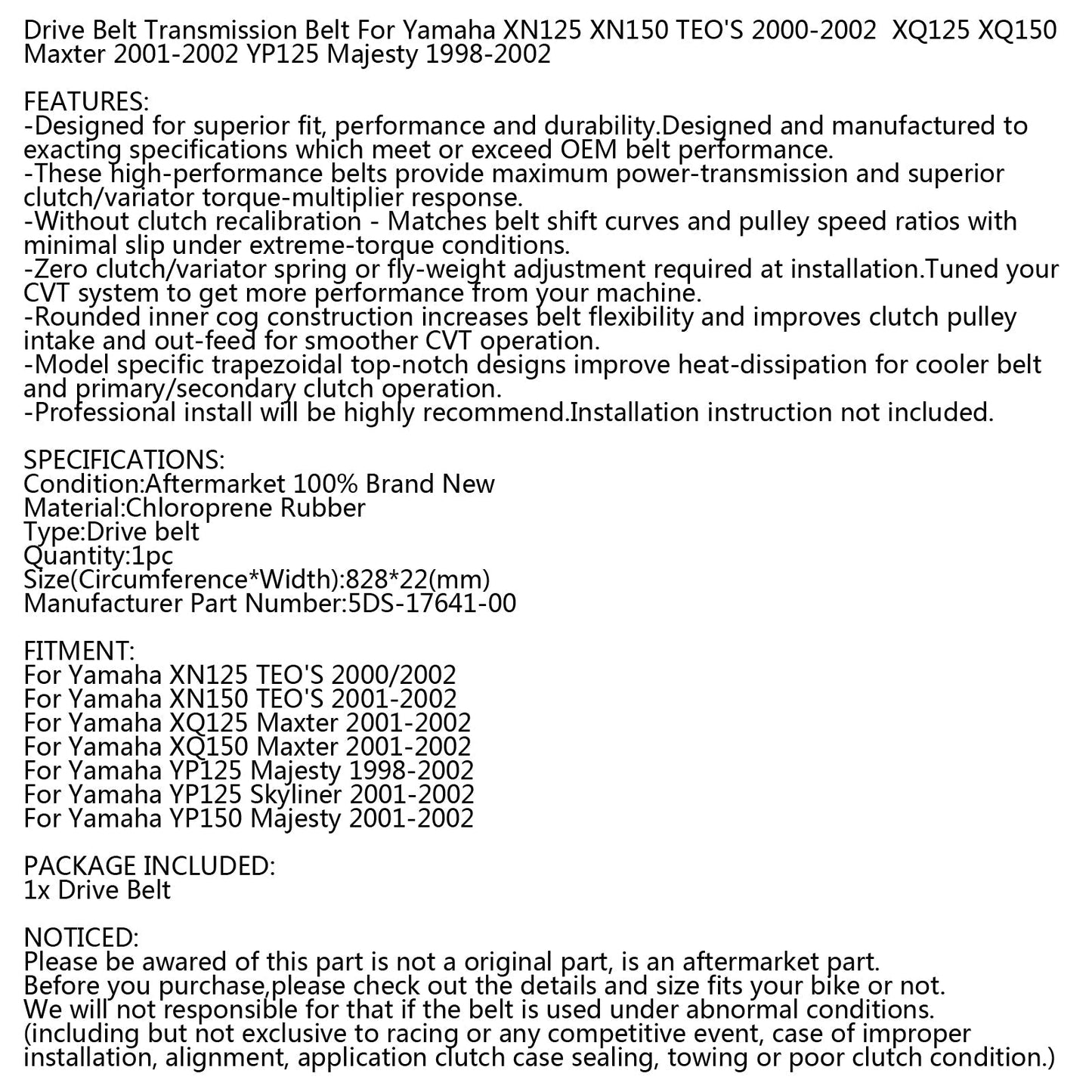 Cinghia di trasmissione Per Yamaha Majesty YP Maxter XQ TEO'S XN 125 150 98-02 5DS-17641-00 Generico