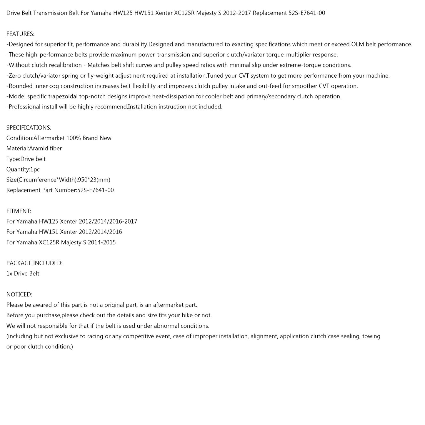 Cinghia di trasmissione 950OC x 23W Per Yamaha HW125 HW151 Xenter XC125R Majesty S 2012-2017 Generico