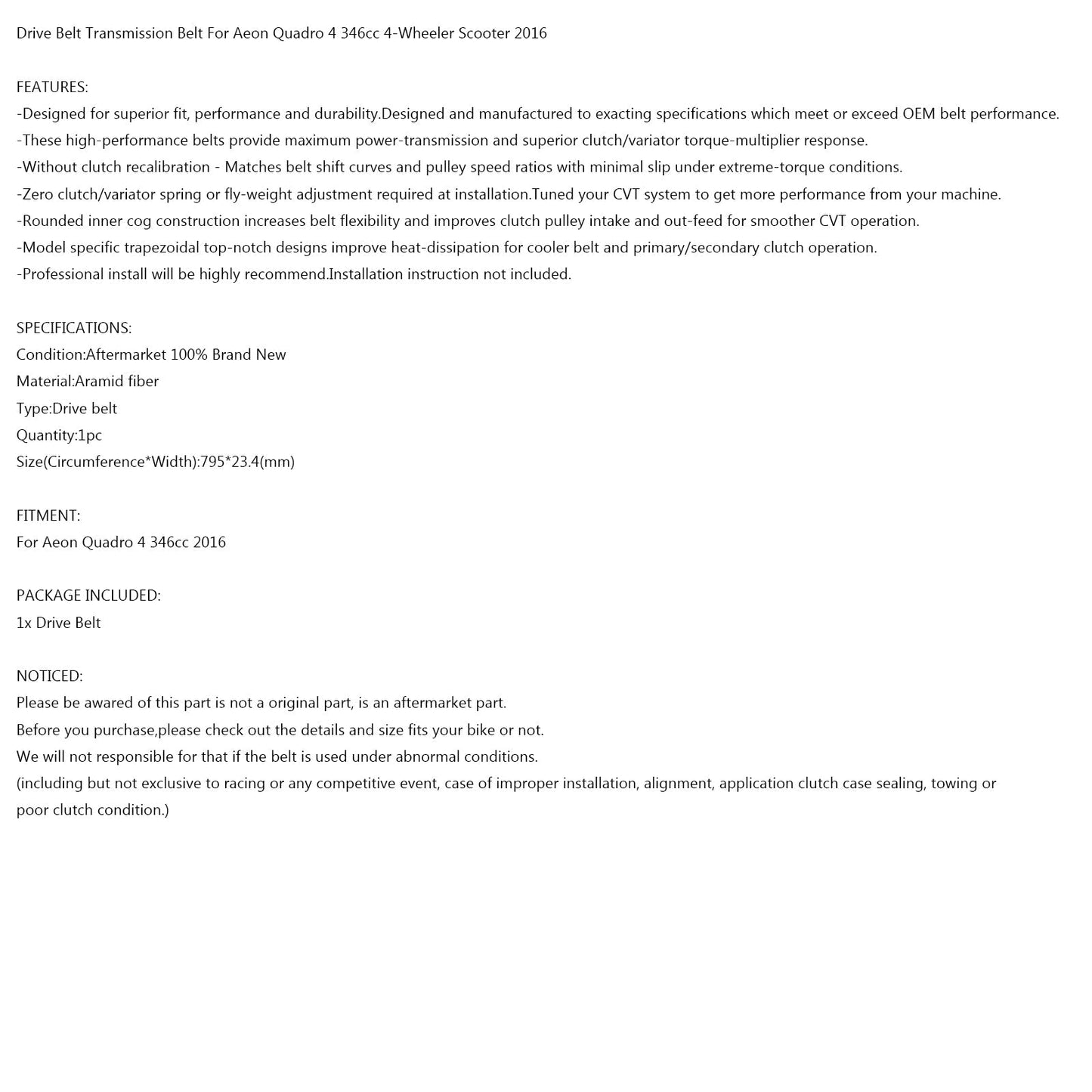Cinghia di trasmissione 795OC x 23,4 W per scooter a quattro ruote Aeon Quadro 4 2016 346 cc generico