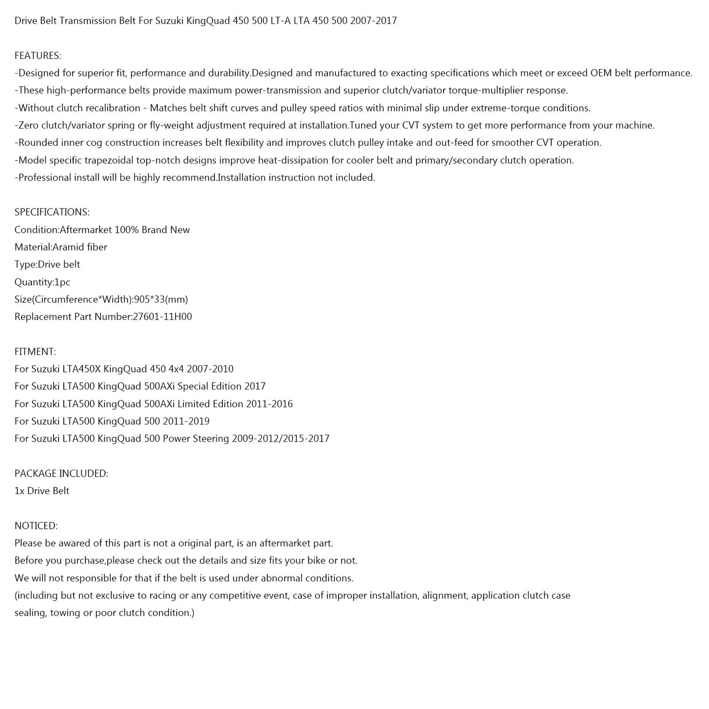 Cinghia di trasmissione 905OC x 33W Per Suzuki LTA500 LTA450X KingQuad 500 450 2007-2017 Generico