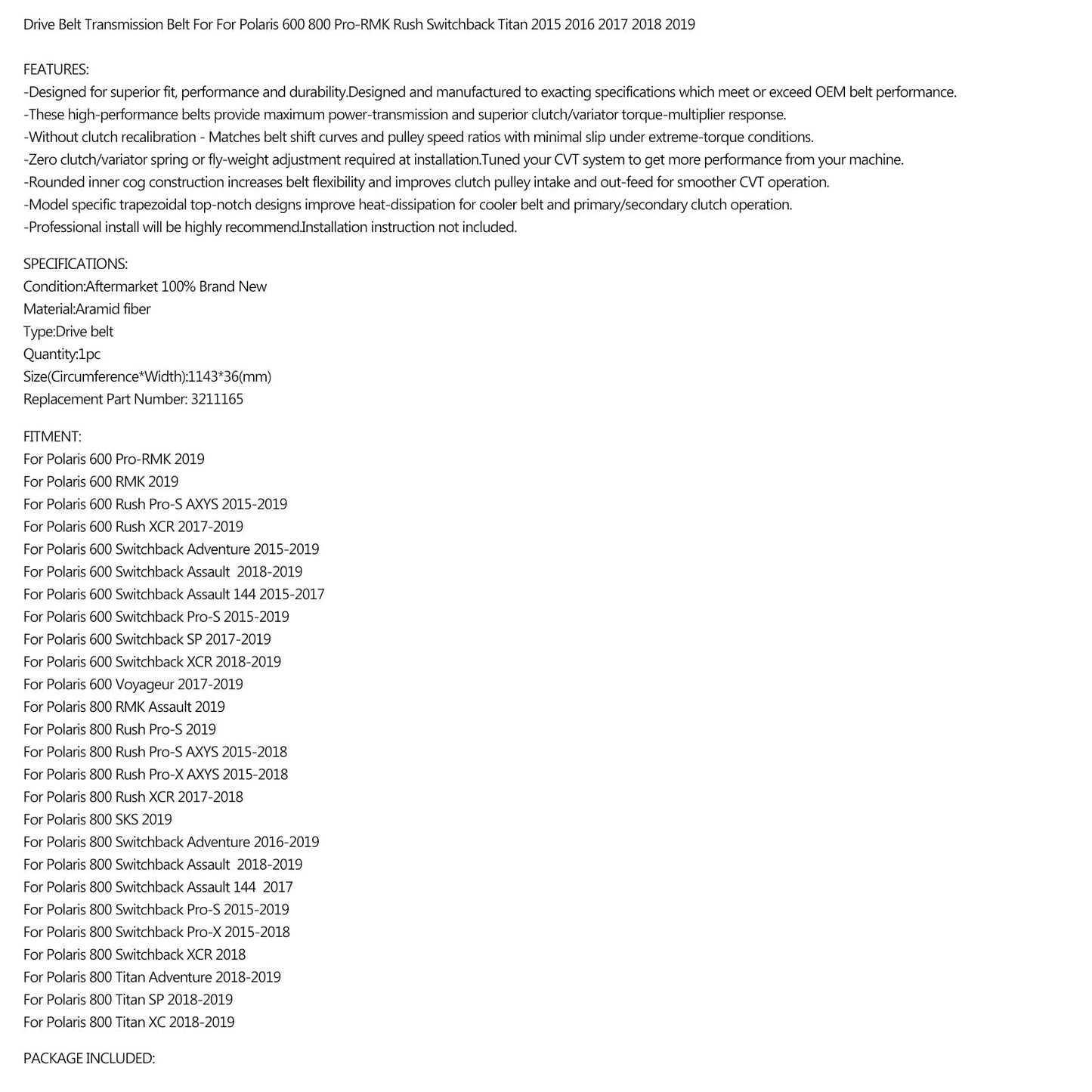 Cinghia Trasmissione 1143OCx36W Per Polaris Switchback Rush Voyageur 600 15-19 P/N.3211165 Generic