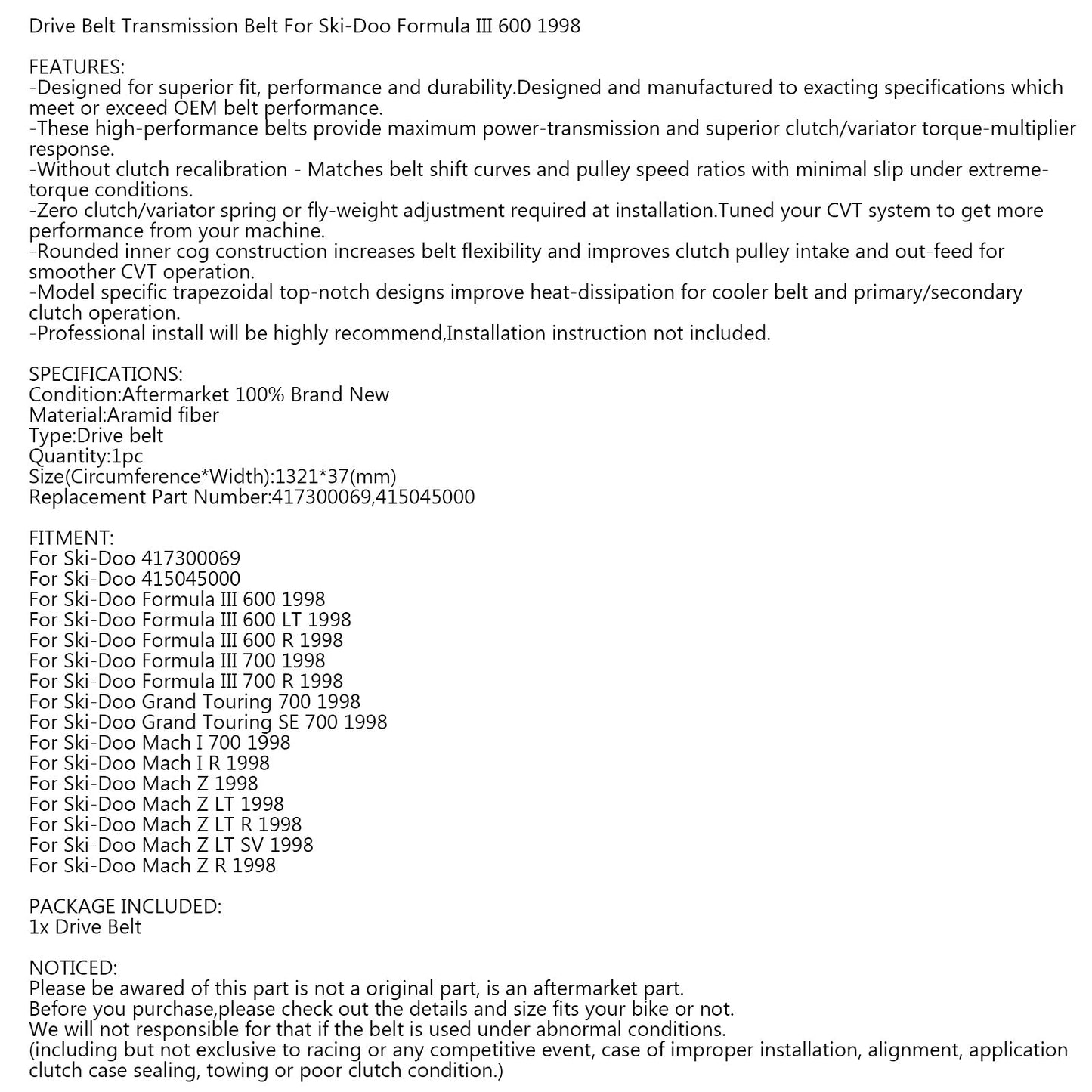 Cinghia di Trasmissione 417300069 Per Ski-Doo Formula III 600 700 Mach Z LT IR 1998 Generico