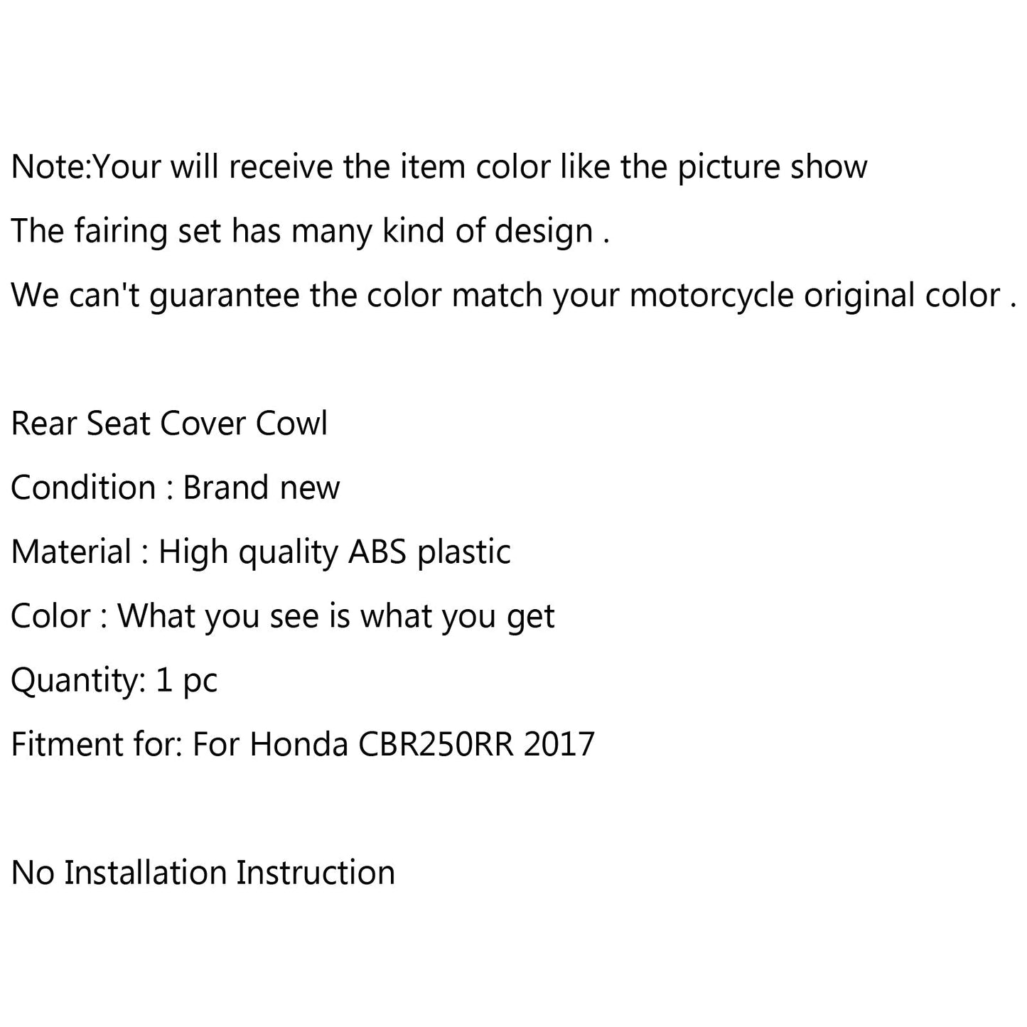 Coprisedile posteriore per motocicletta Cowl Plastica ABS per Honda CBR250RR 2017 Generico