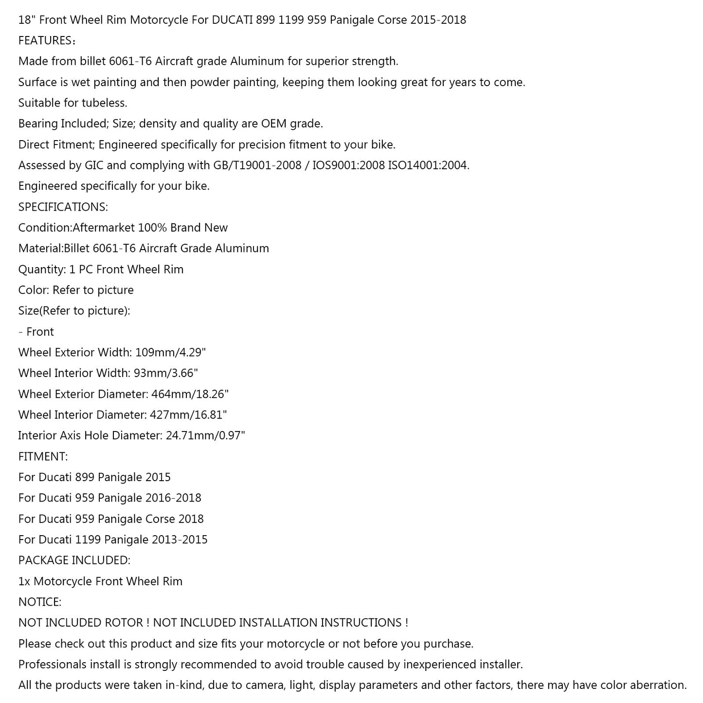 Cerchio ruota anteriore moto per Ducati 1199 899 959 Panigale / Corse 2013-2018 Generico