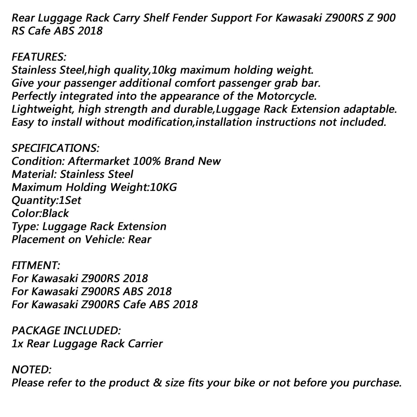 Supporto parafango per supporto portapacchi posteriore per Kawasaki Z900RS Cafe ABS 2018 Generico