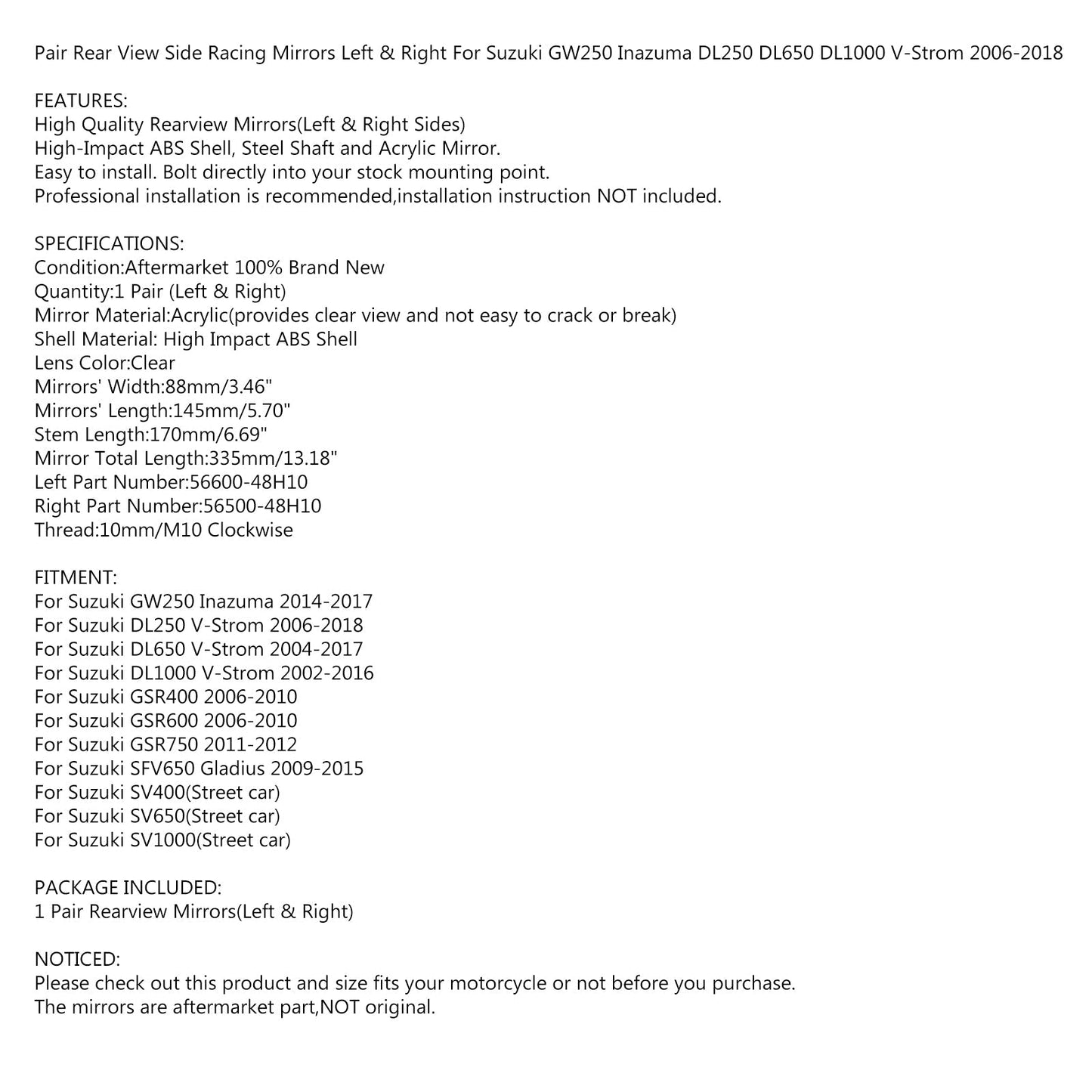 Specchi retrovisori laterali neri per Suzuki GW250 Inazuma 14-17 DL250 V-Strom 06-18 Generico