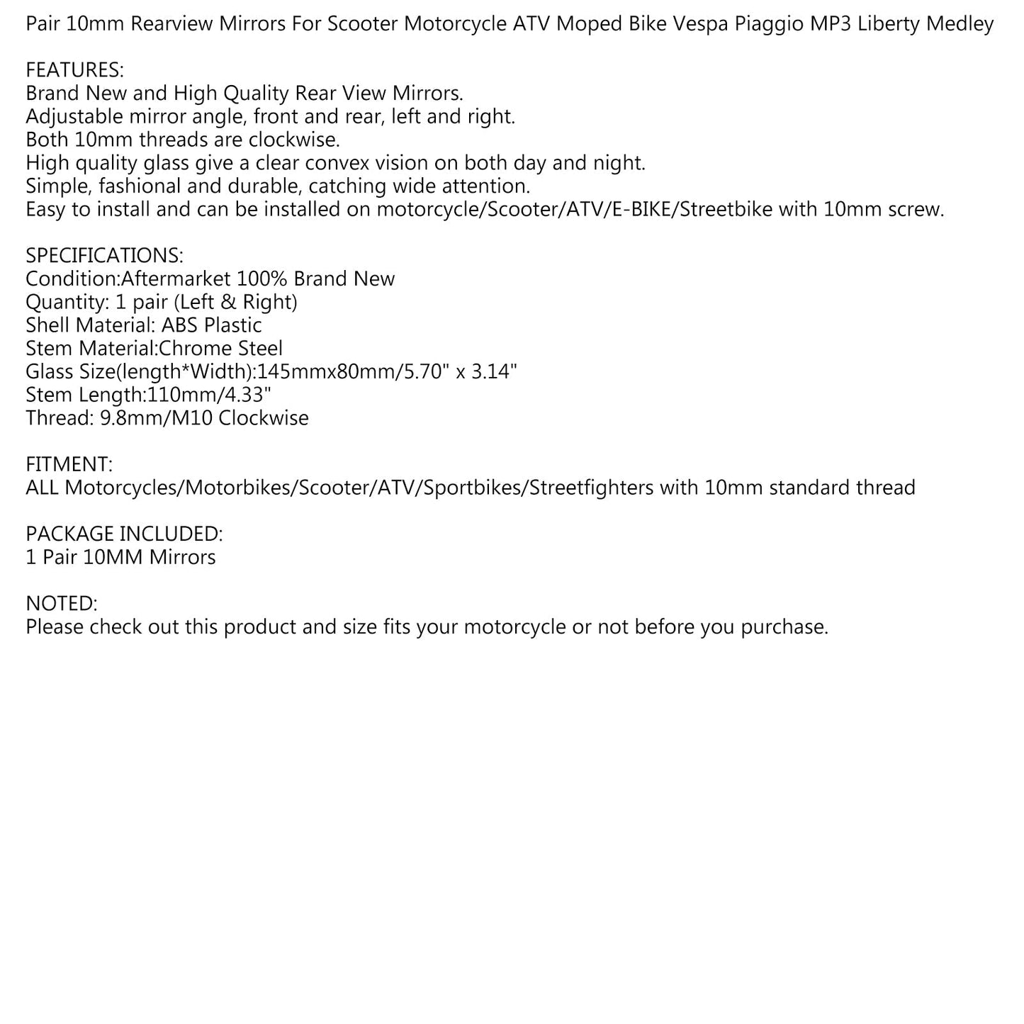 COPPIA SPECCHIETTI MOTO M10 / 10MM FILETTO UNIVERSALE MOTO/BICI/SCOOTER - CW Generic