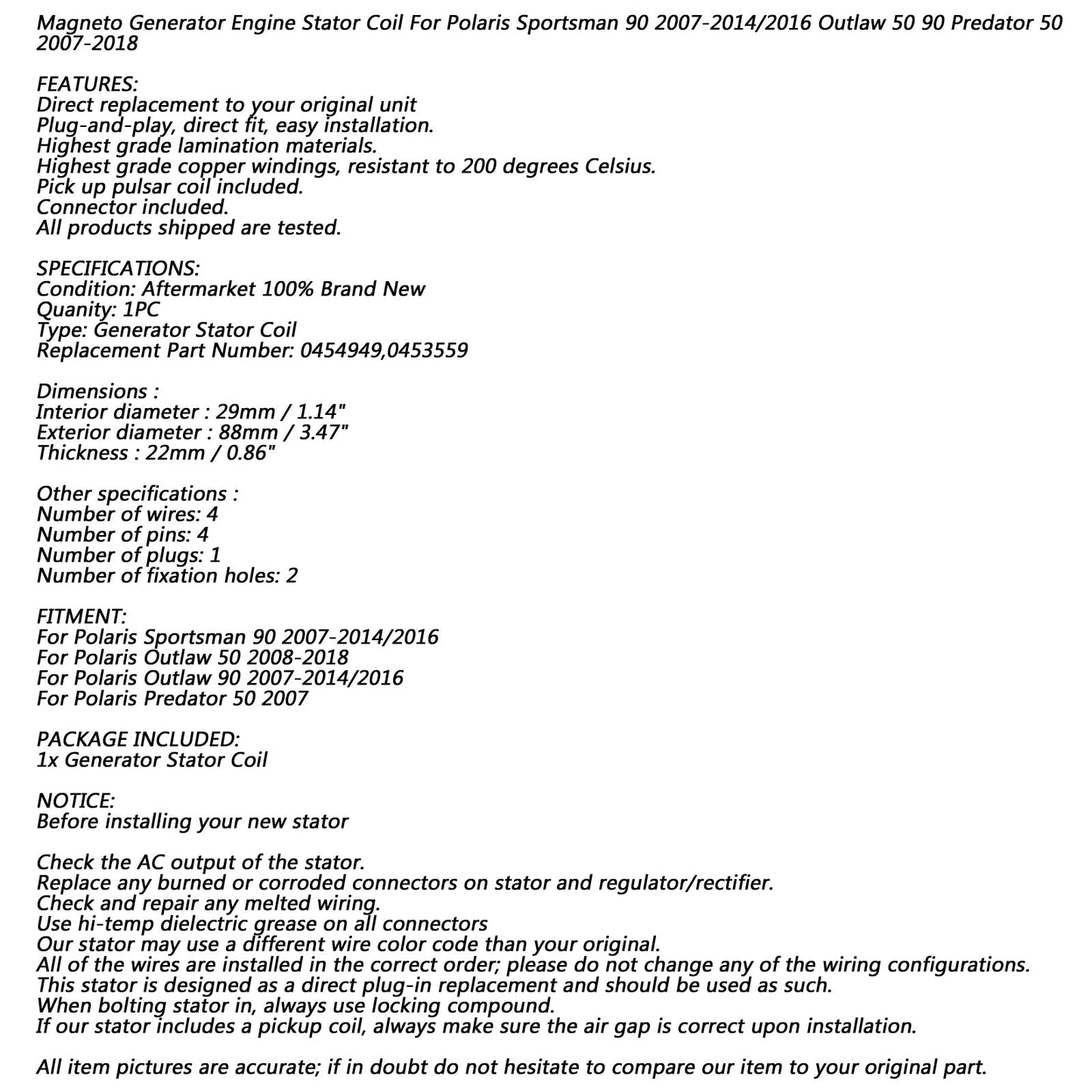 Alternatore Bobina Statore Per Polaris Outlaw Sportsman 50 90 2007-2018 Repl.0453559 Generico