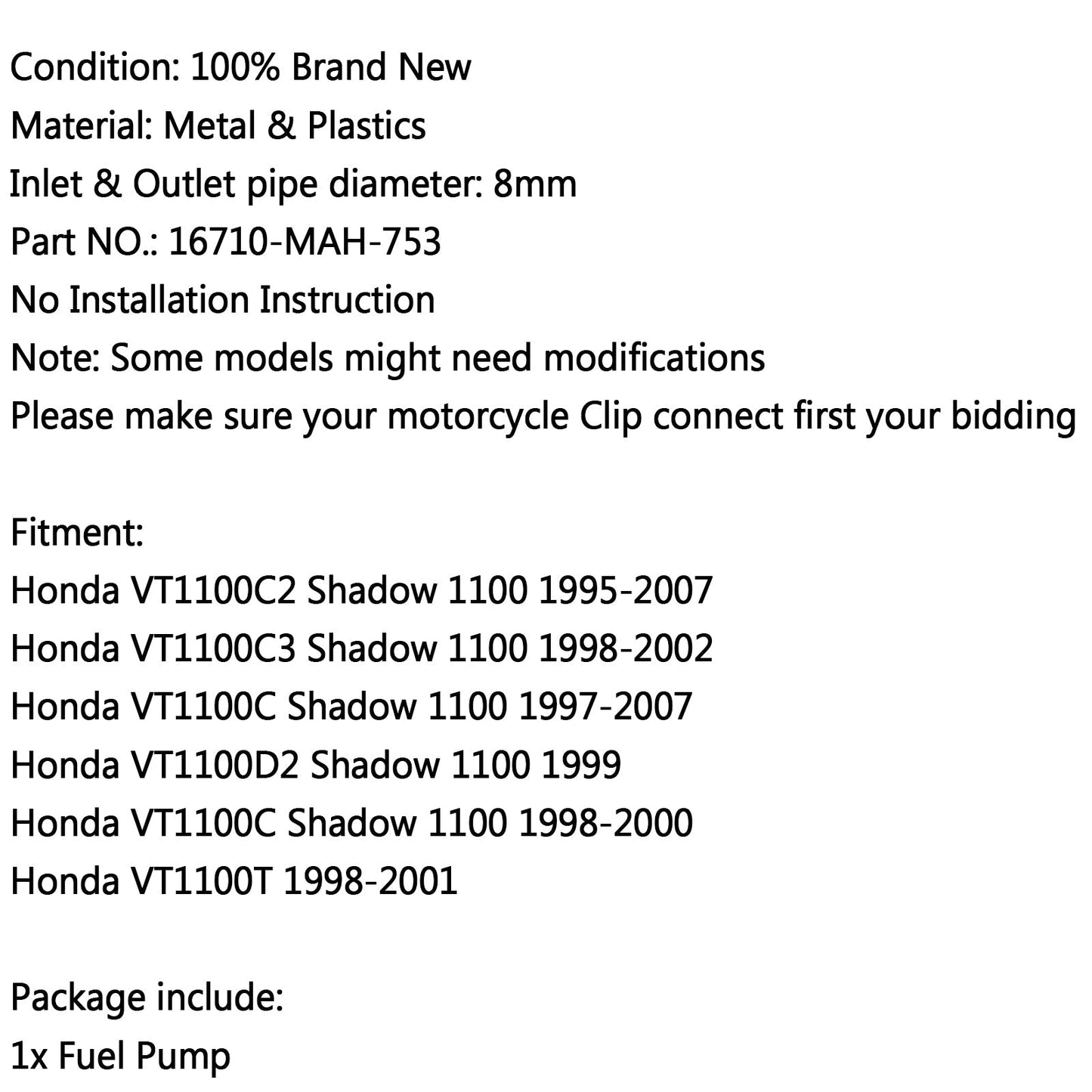 Nuova Pompa Del Carburante Per Honda Shadow VT1100C VT1100C2 VT1100C3 1100 VT1100 1999 2002 Generico