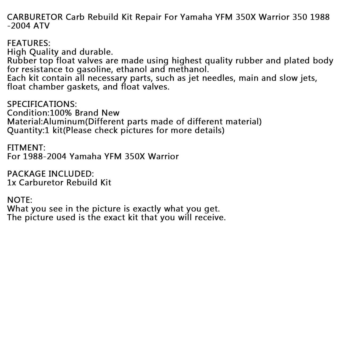 Carburatore Carb Rebuild Repair Kit Per Yamaha YFM 350X Warrior 350 1988-2004 ATV Generico