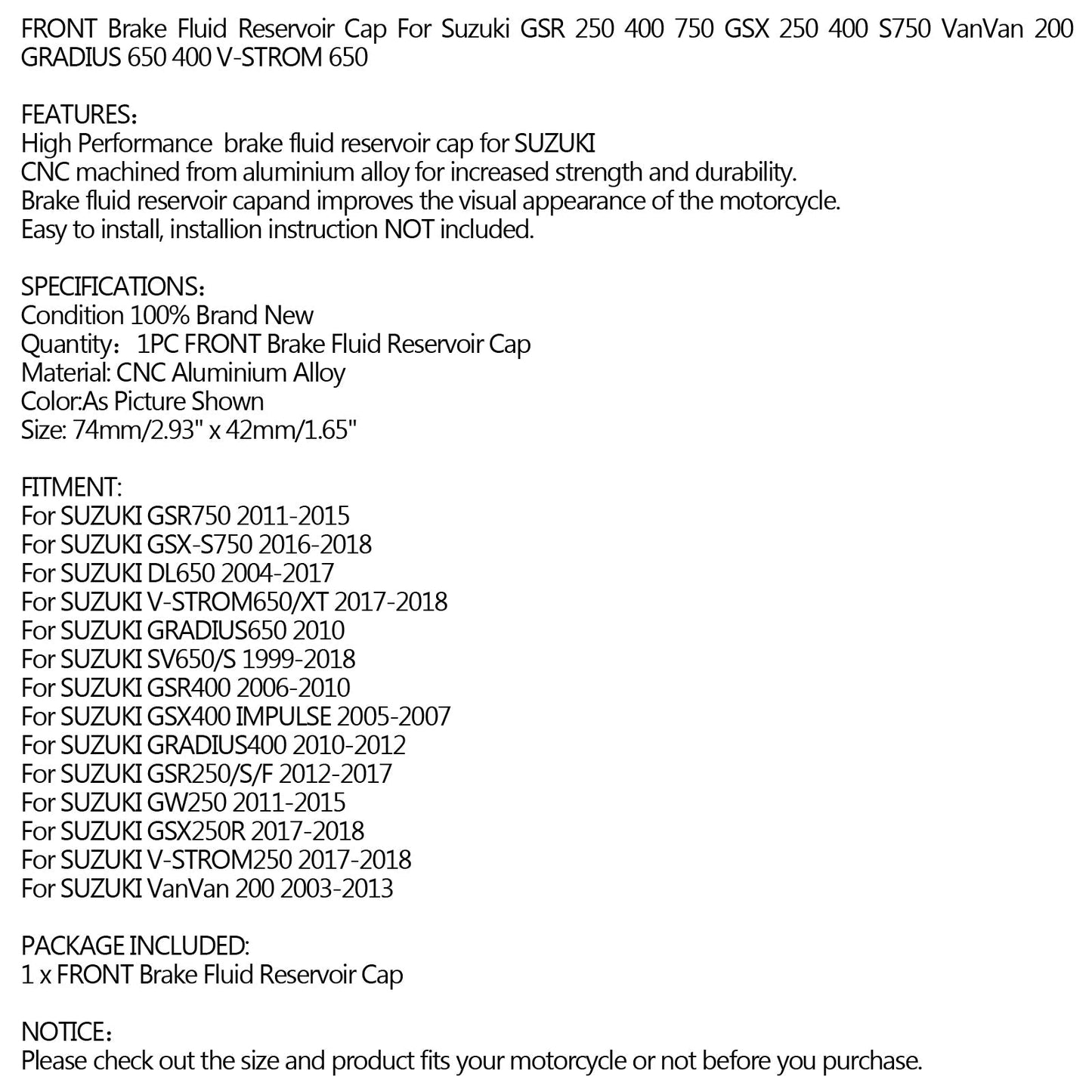 Tappo serbatoio fluido freno anteriore CNC per Suzuki GSR 250/400/750 06-17 GSX250R generico