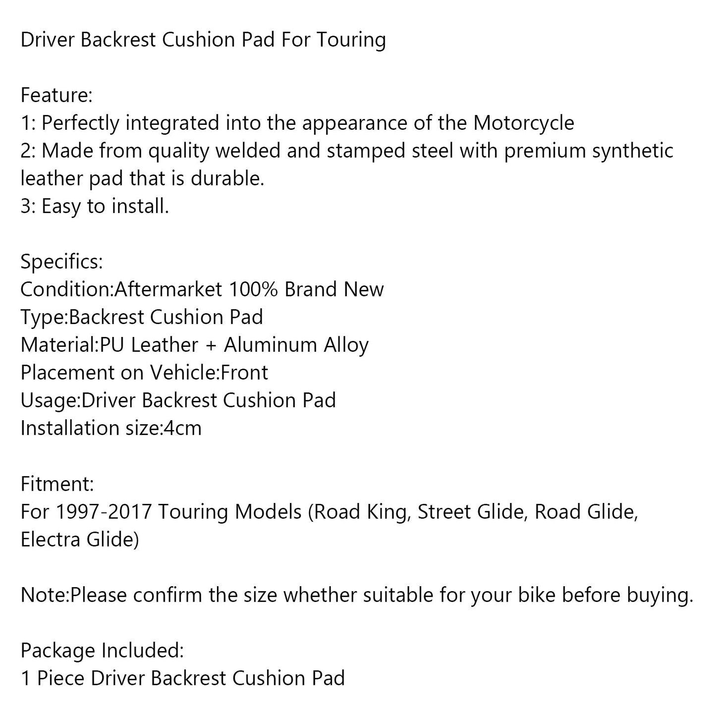 Driver Rider Sissy Bar Schienale Cuscino Pad Per Touring Road Gilde FLTR Generico