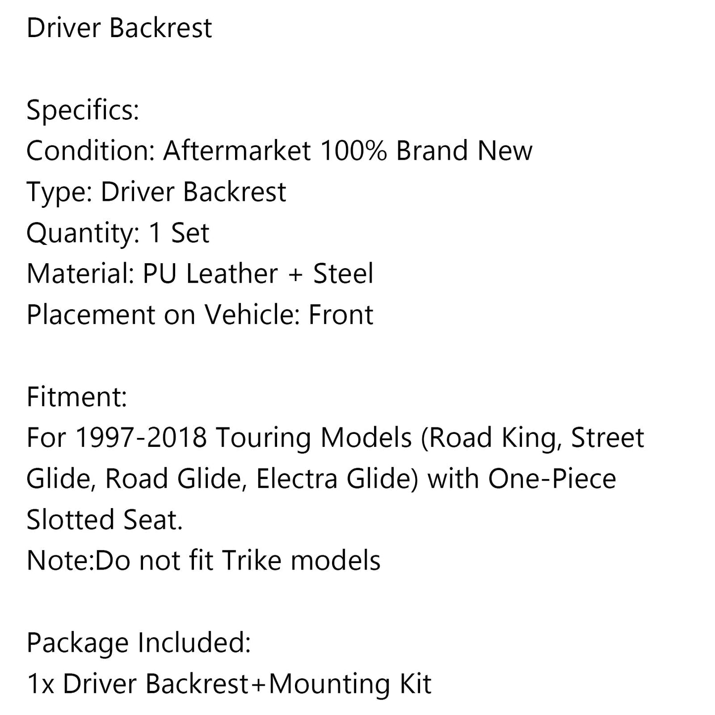 Kit schienale pilota plug-in driver per 1997-18 Touring Road Electra Street Glide generico