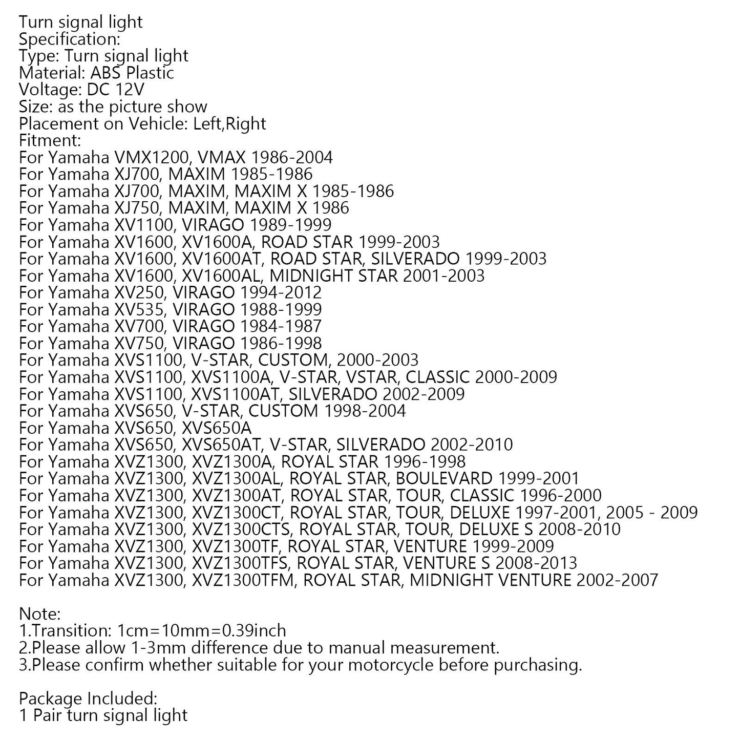 Moto Indicatore di Direzione Segnale per Yamaha XV535 XV920 Virago XV1100 XVS1100 Generico