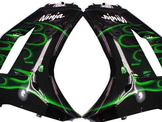 Carene 2007-2008 Kawasaki ZX6R ZX636 Black & Green Flame Ninja Racing Generico