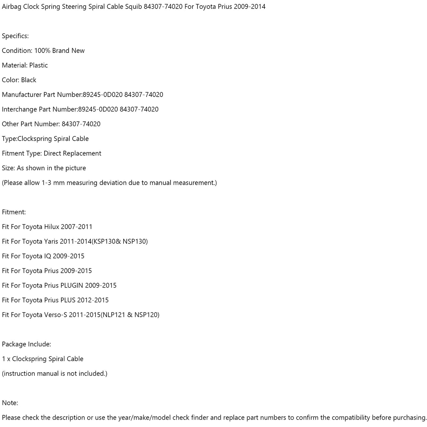 2009-2015 Toyota IQ Prius PLUGIN Airbag Orologio Molla Spirale Cavo Squib 84307-74020