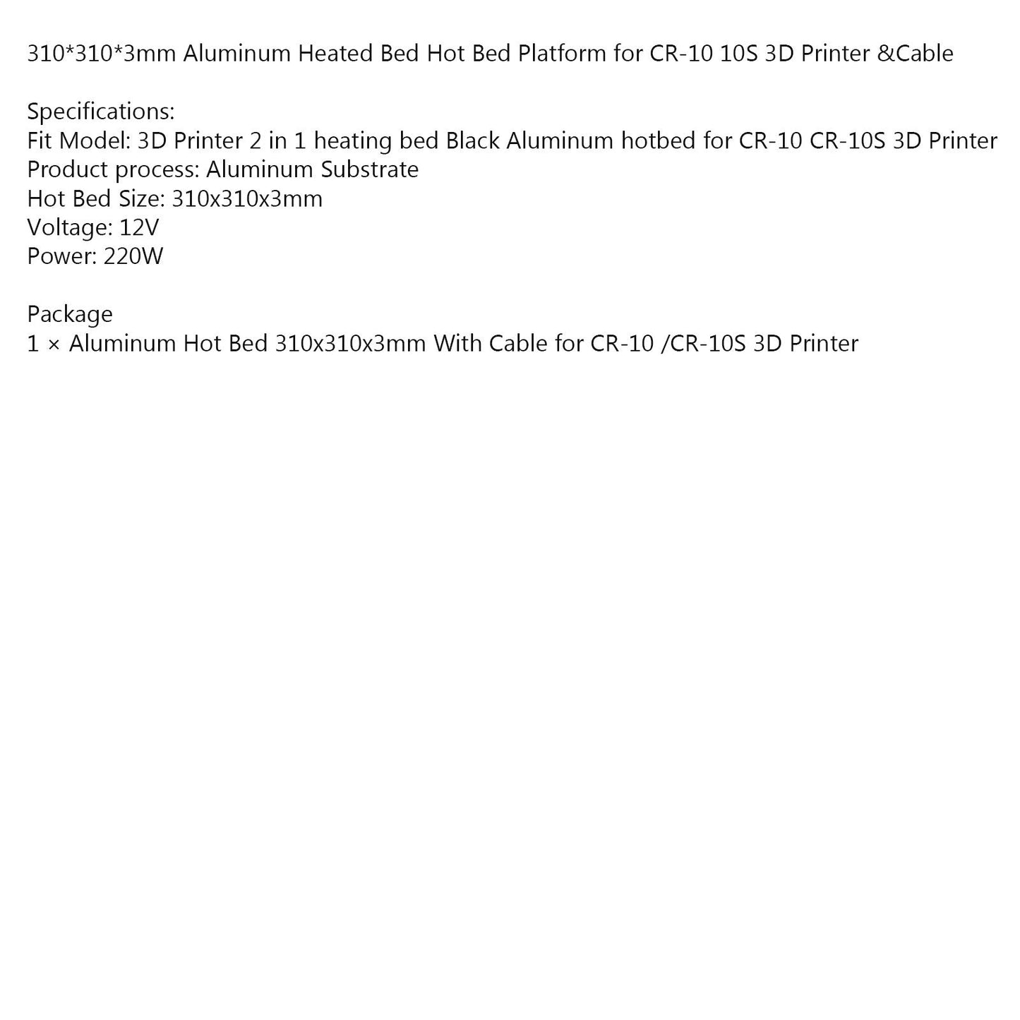 Stampante 3D 310x310x3mm Letto riscaldato in alluminio 12V con cavo per Creality CR10 CR10S
