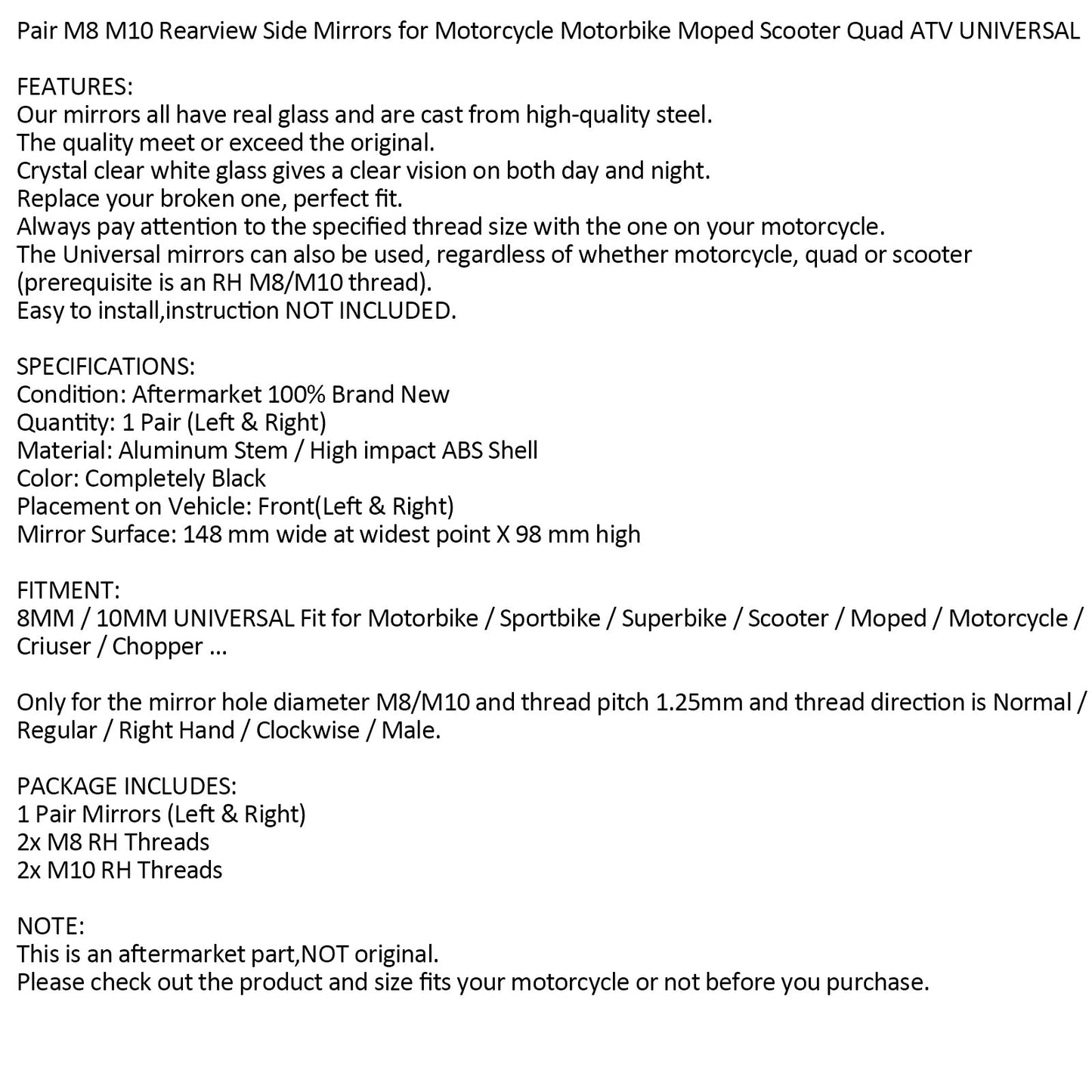 COPPIA SPECCHI NUOVI Specchio nero sinistro destro 8MM 10MM per motocicletta generico
