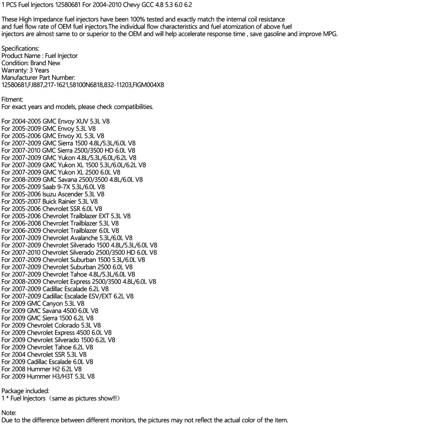 58100N6818 1 pz Iniettore di Carburante 12580681 Fit 2004-2010 Chevy GMC 4.8 5.3 6.0 6.2 832-11203 FJ887 217-1621 FIGM004X8 832-11203 Generico
