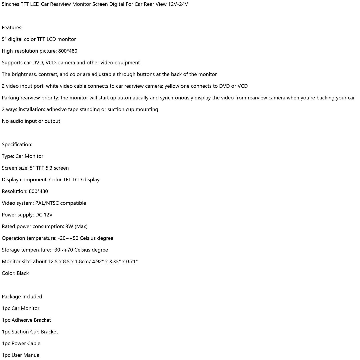 Monitor LCD TFT HD da 5 pollici per telecamera di retromarcia per parcheggio retrovisore per auto