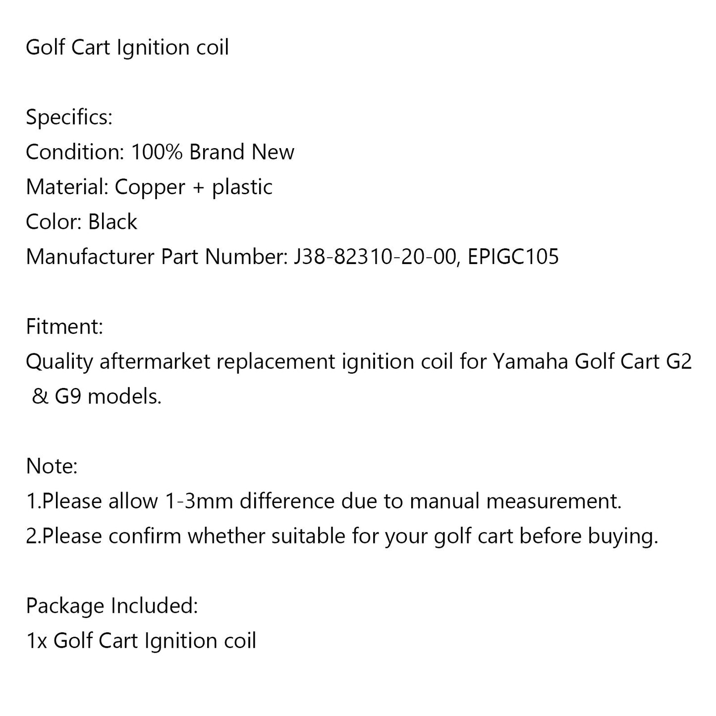 Bobina di accensione per Yamaha Gas Golf Cart golf Kart G2 G9 G11 Sostituire J38-82310-20-00 Generico