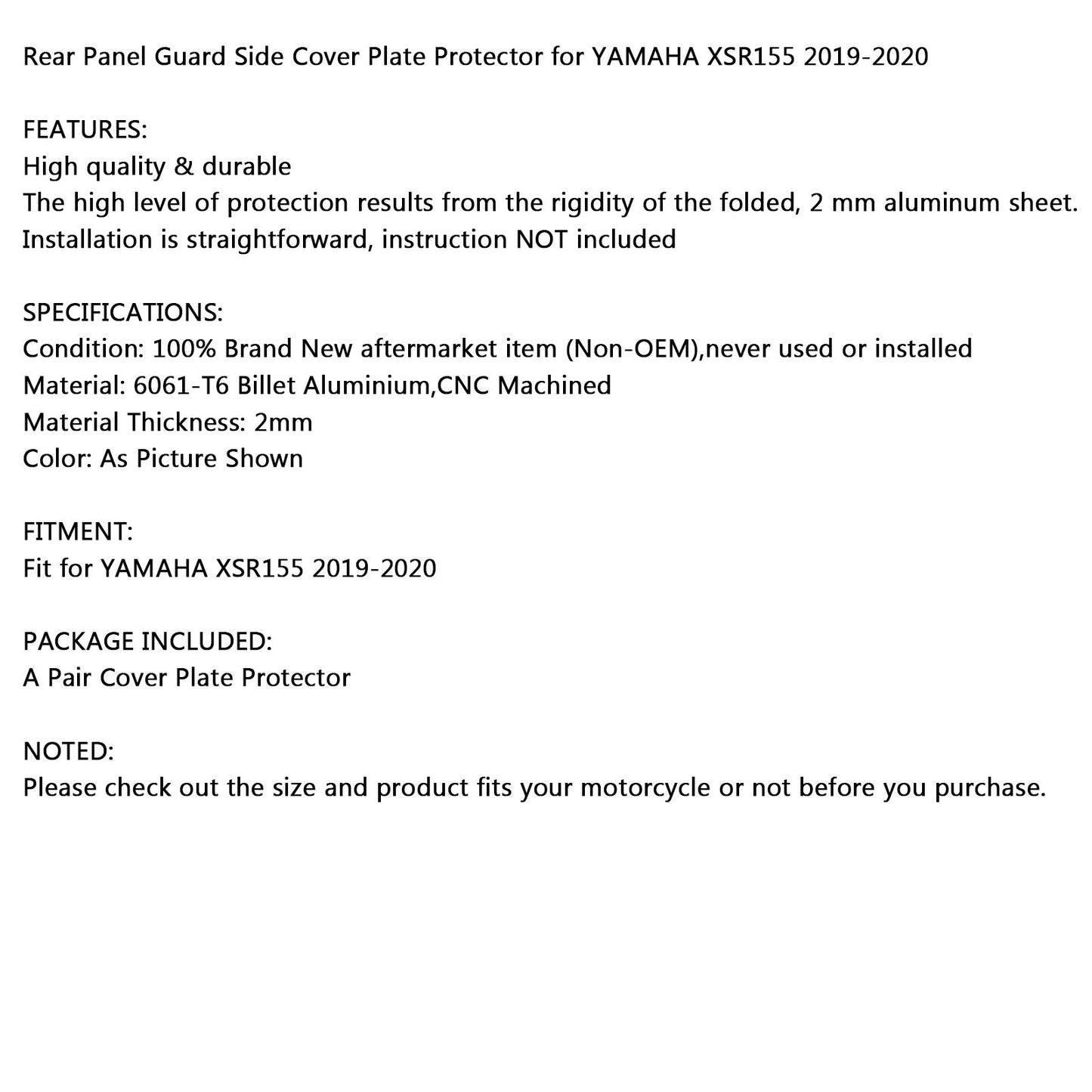 Protezione pannello posteriore protezione piastra di copertura laterale per YAMAHA XSR155 2019-2020 nero generico