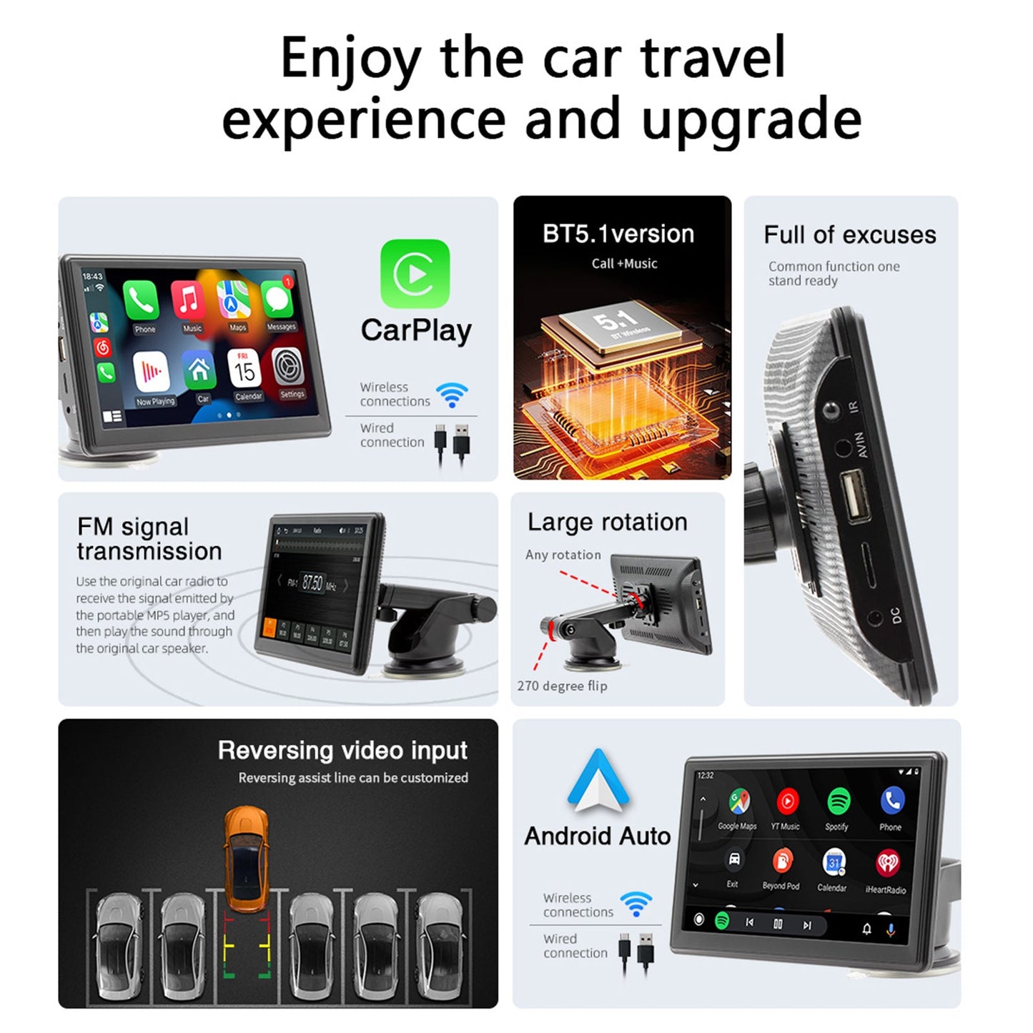 Lettore MP5 per auto FM con radio stereo Bluetooth wireless Carplay da 7" + fotocamera a 4 LED