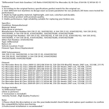 2006/09-2009/05 Mercedes-Benz Classe GL X164 GL 320 CDi Differenziale Assale Anteriore Rapporto 3,45 164330210280 A1643302102