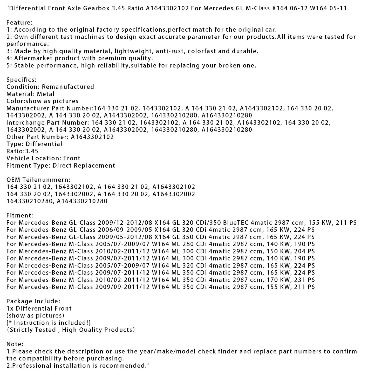 2009/09-2011/12 Mercedes-Benz Classe M W164 ML 350 CDi Differenziale Assale Anteriore Rapporto 3,45 164330210280 A1643302102