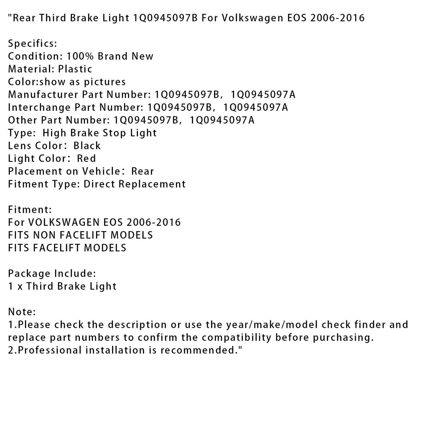 Luce di stop posteriore terza luce di stop Volkswagen EOS 2006-2016 1Q0945097B