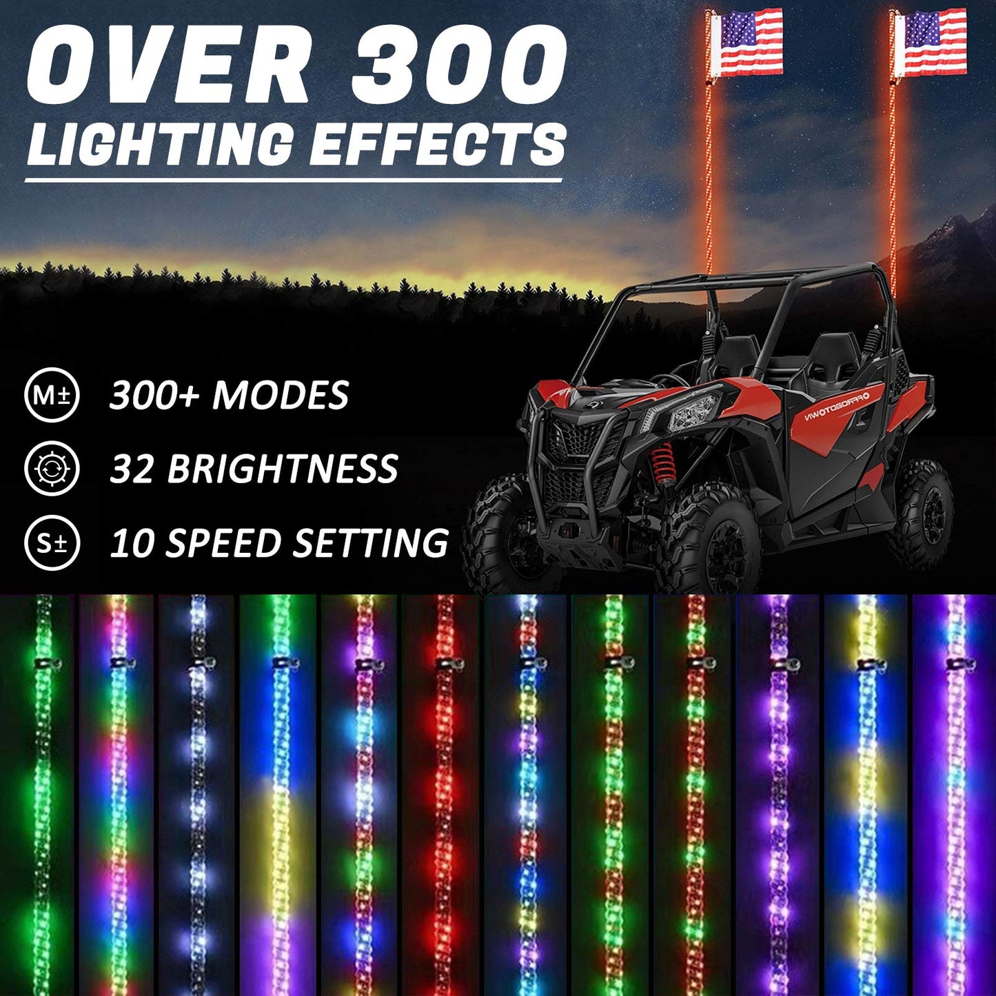 Antenna con luci a frusta LED RGB da 2 piedi con telecomando per bandiera per Polaris RZR UTV ATV