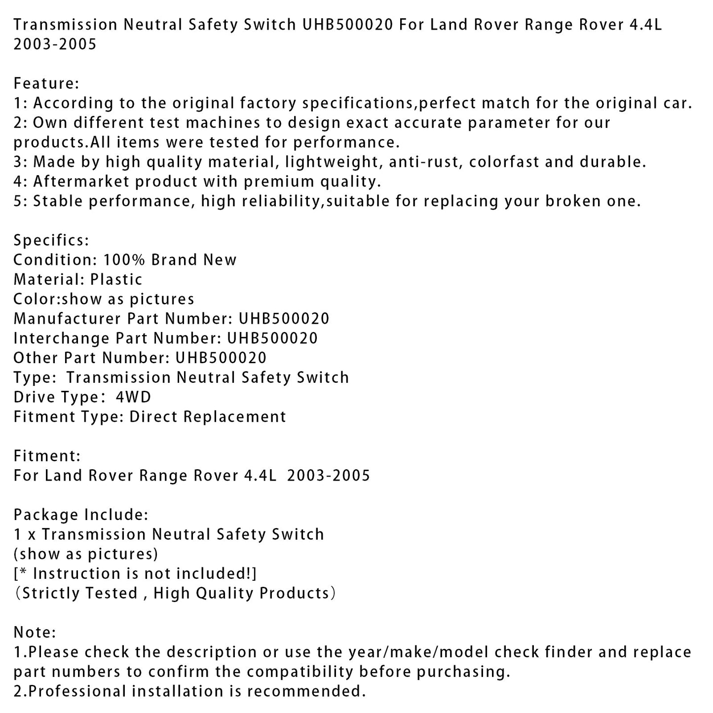 Interruttore di sicurezza in folle per Land Rover Range Rover 4.4L 2003-2005 UHB500020